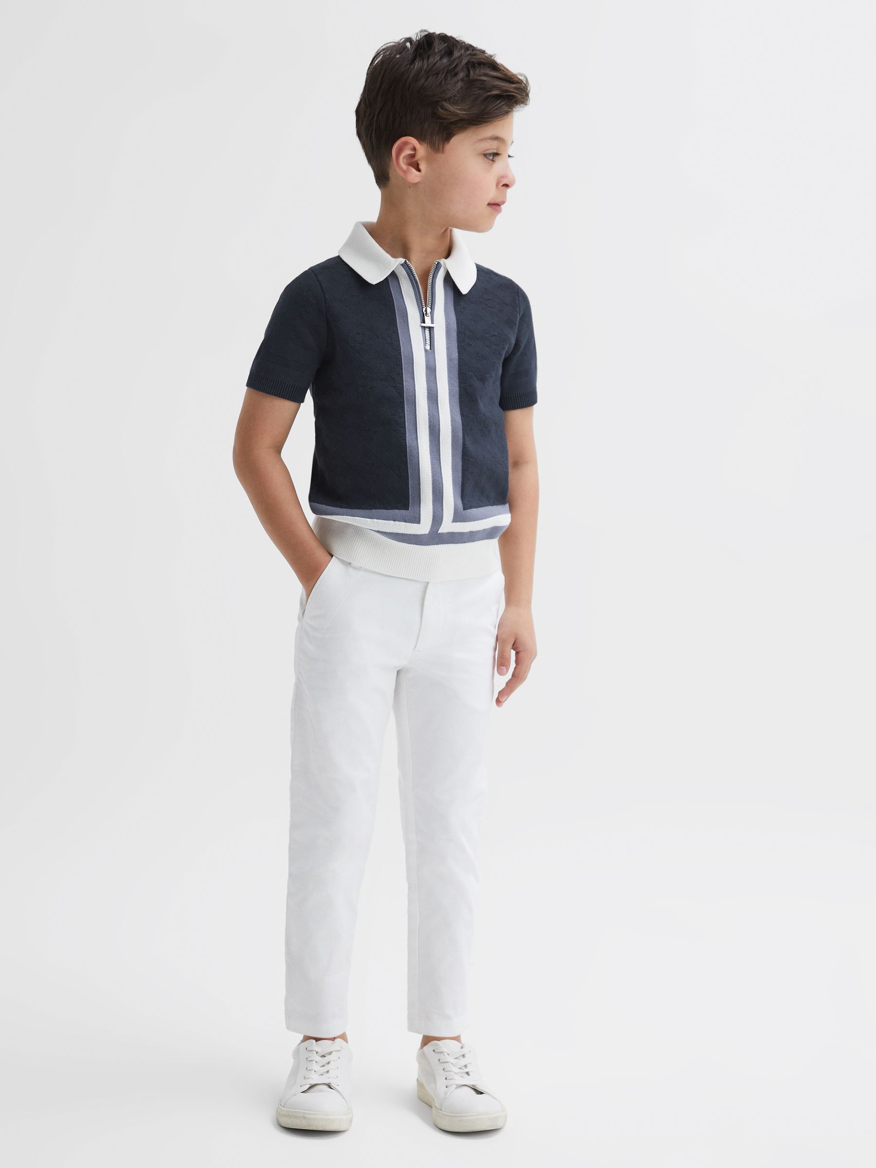 Cotton Knitted Half-Zip Polo T-Shirt in Eclipse Blue/White - Image 3 of 6