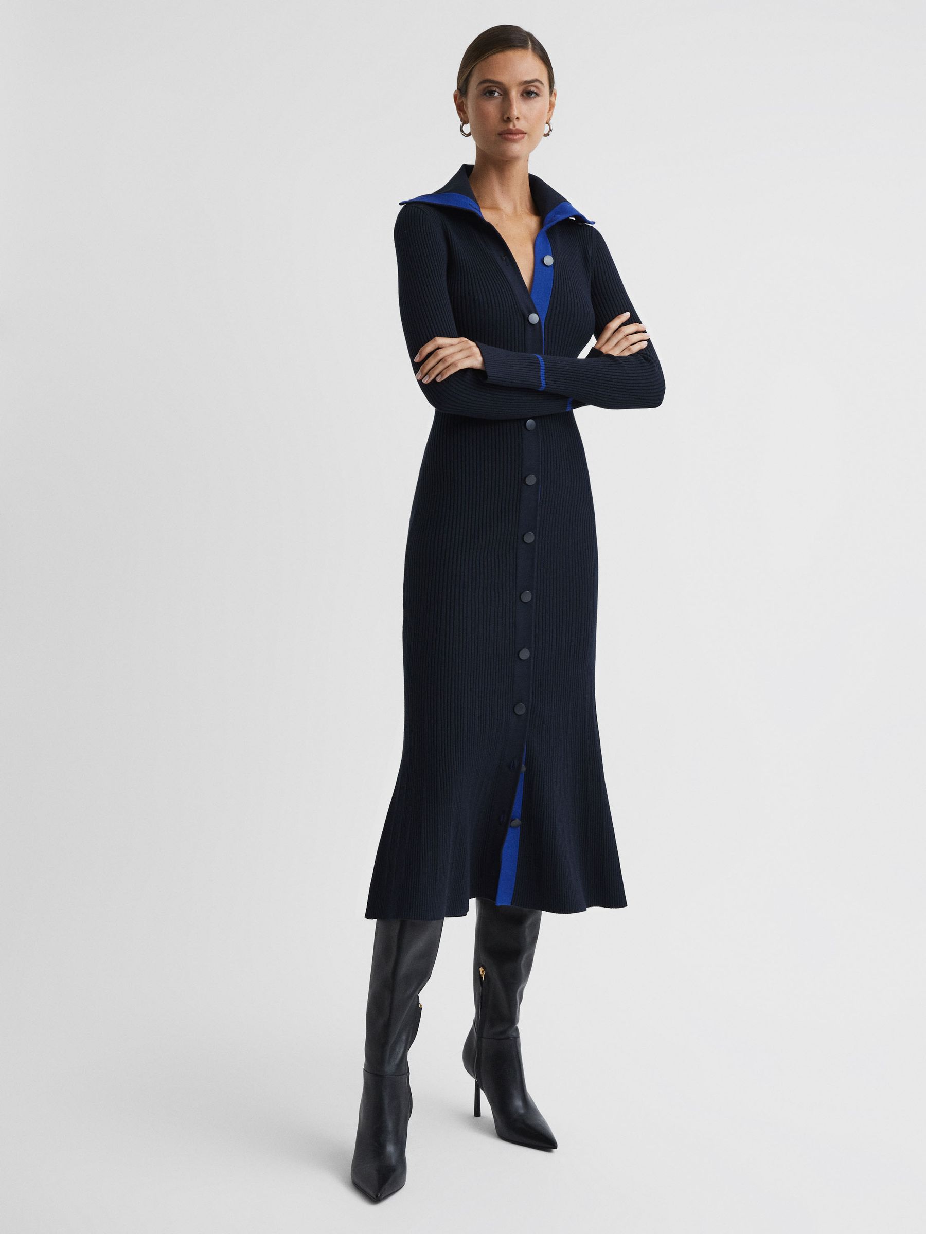 Knitted Ribbed Midi Dress in Navy/Blue - Image 1 of 5 Knitted Ribbed Midi Dress in Navy/Blue - Image 1 of 5