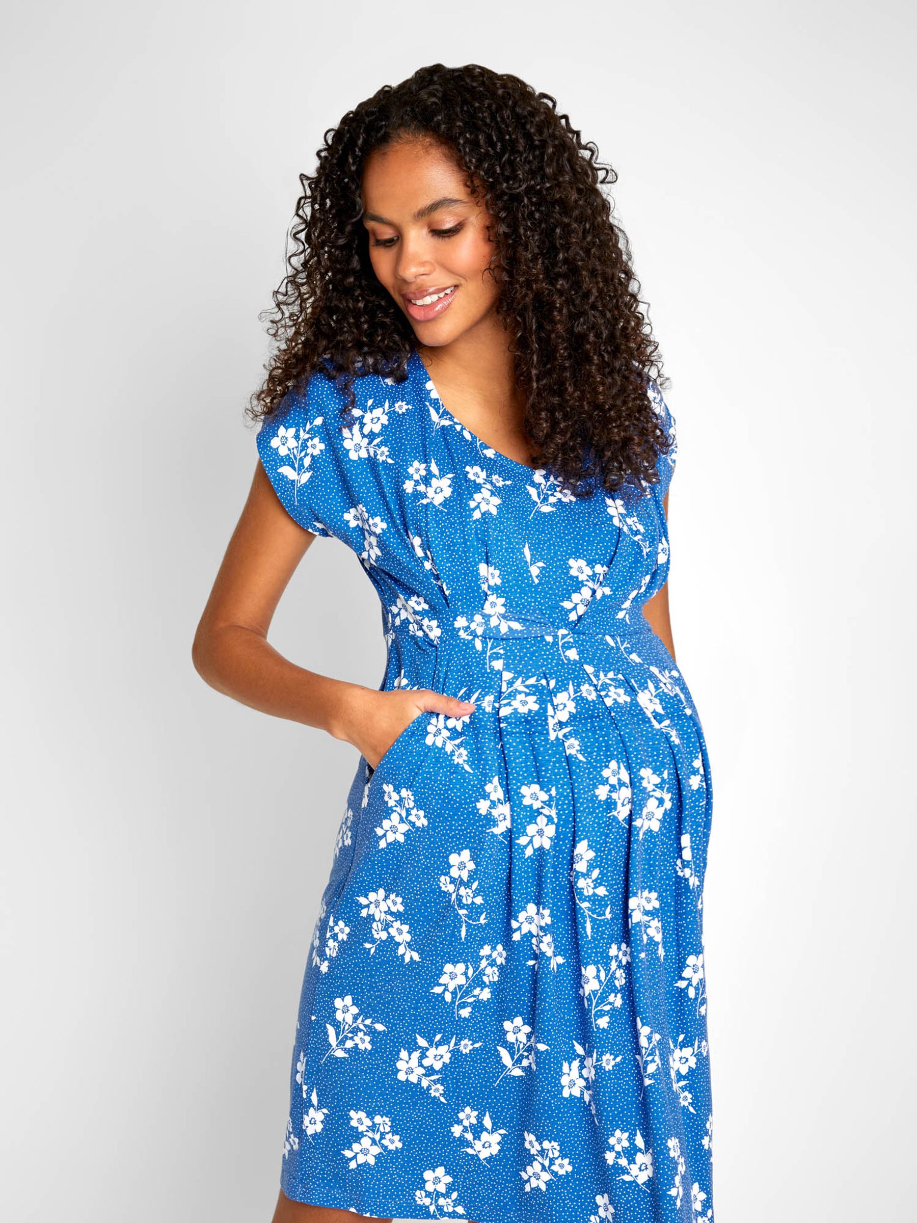 Blue Floral Print Pleated Maternity and Nursing Tunic Dress - Image 2 of 4