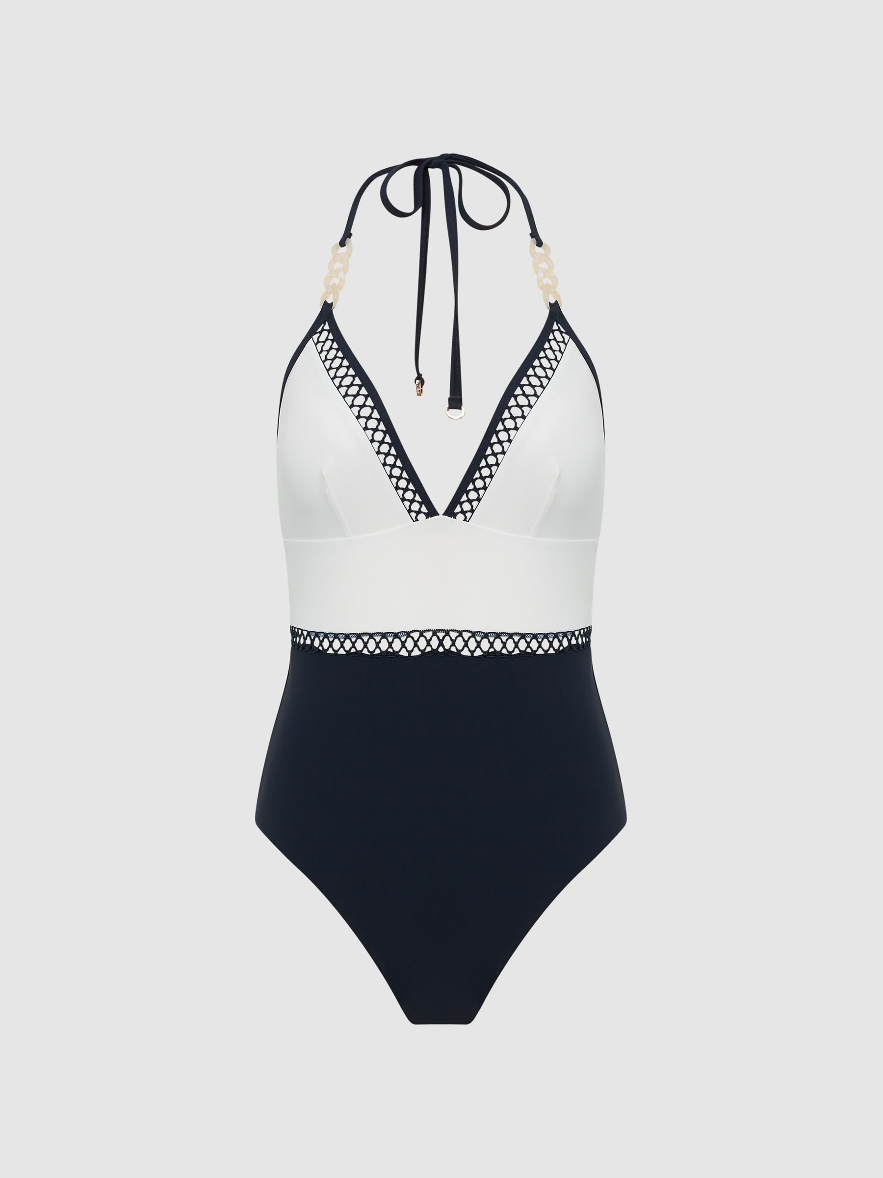 Colourblock Halter Swimsuit in Navy - Image 2 of 6