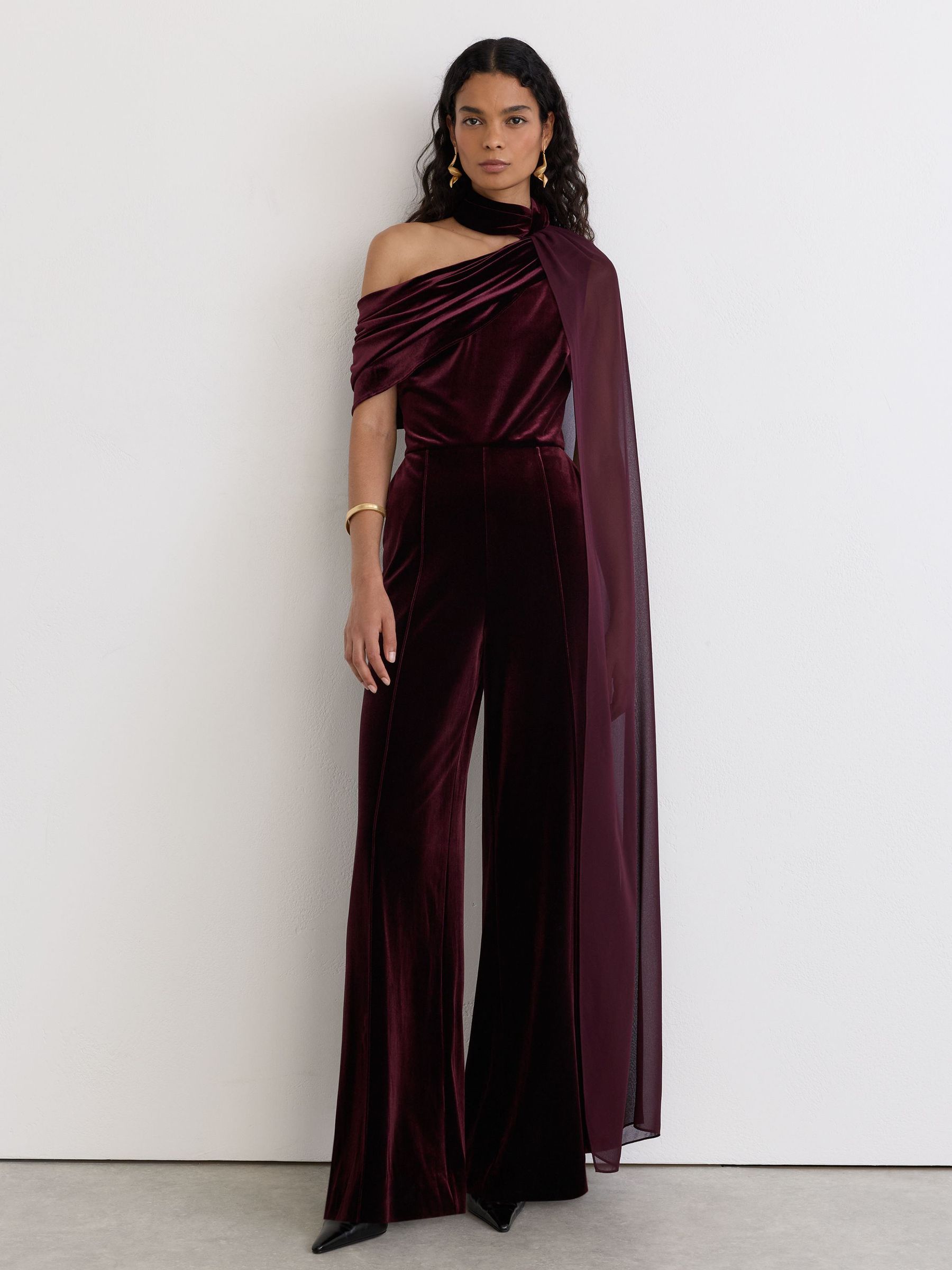 One-Shoulder Drape Wide-Leg Jumpsuit in Burgundy Red - Image 1 of 7