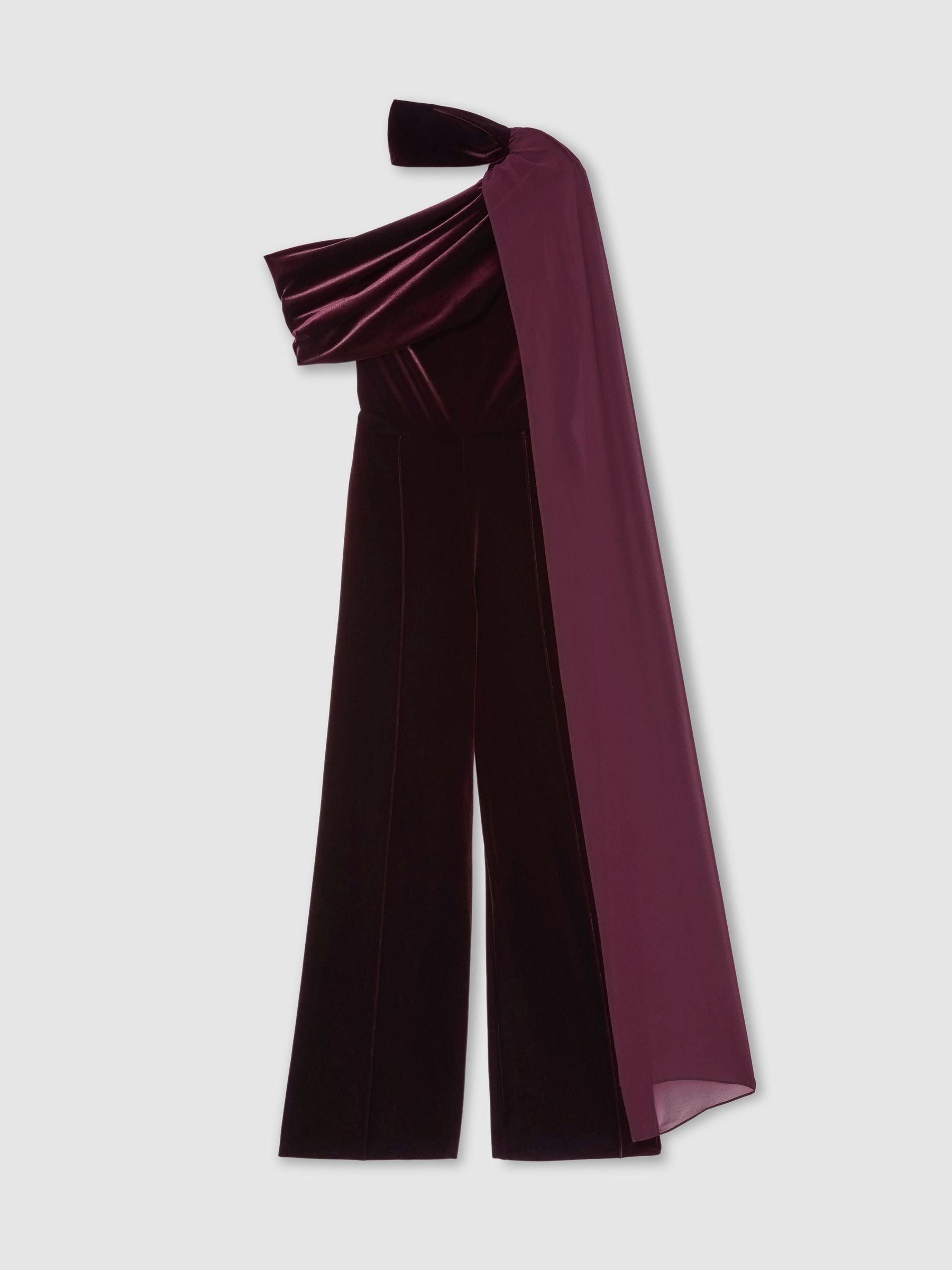One-Shoulder Drape Wide-Leg Jumpsuit in Burgundy Red - Image 2 of 7