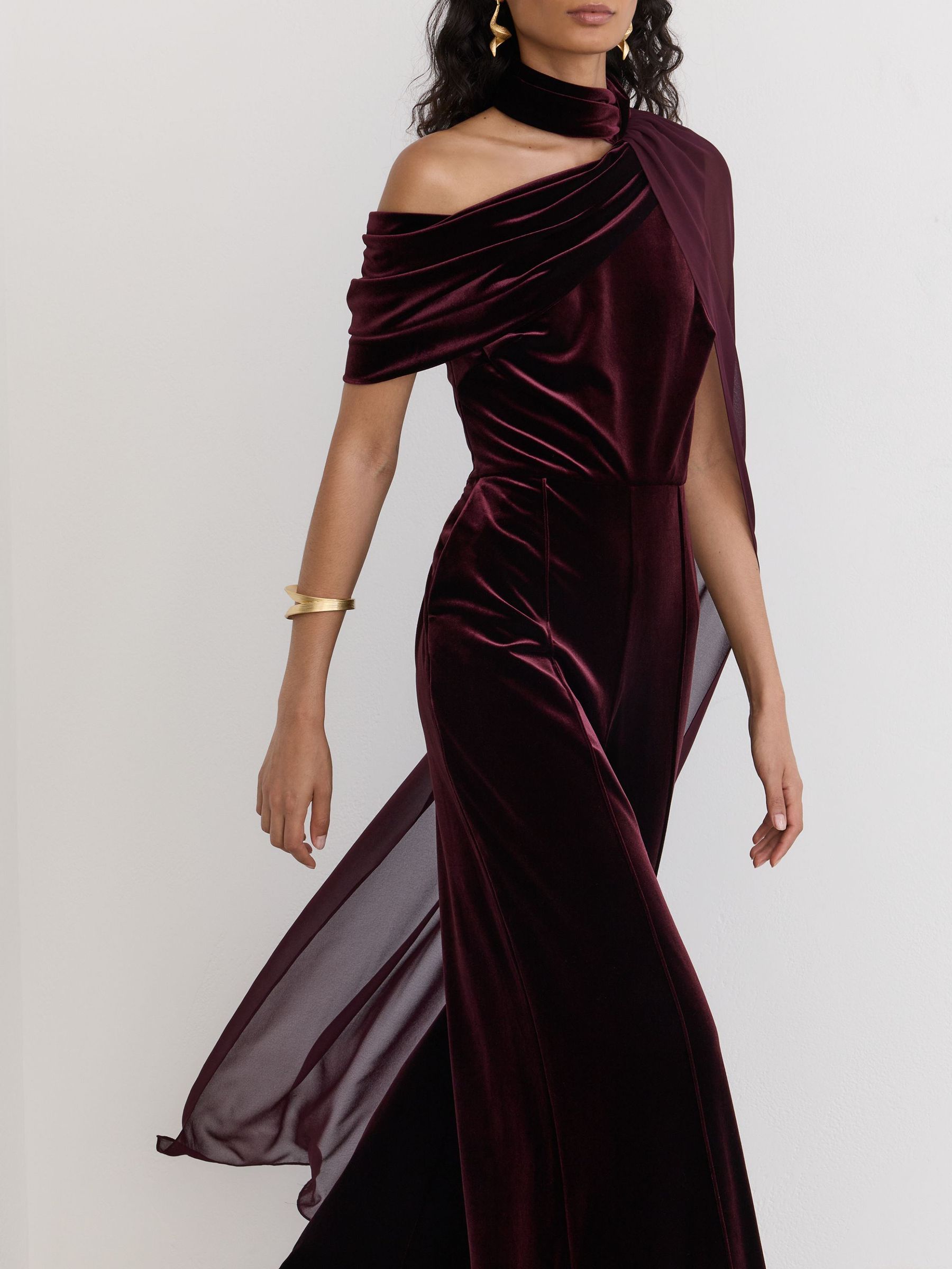One-Shoulder Drape Wide-Leg Jumpsuit in Burgundy Red - Image 3 of 7