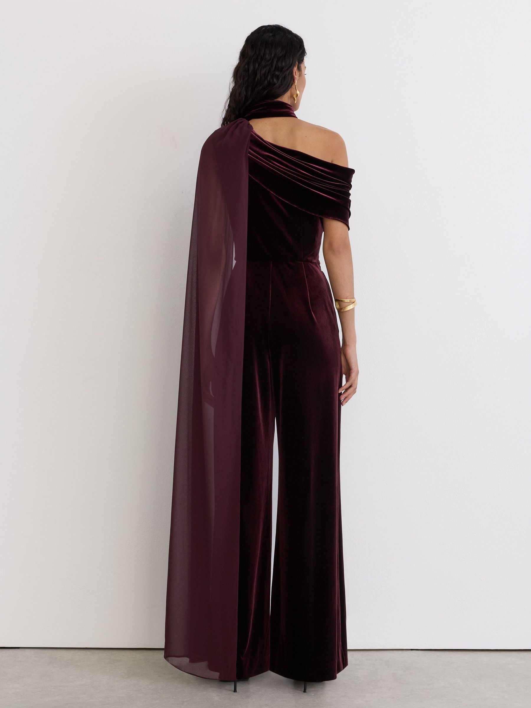 One-Shoulder Drape Wide-Leg Jumpsuit in Burgundy Red - Image 5 of 7