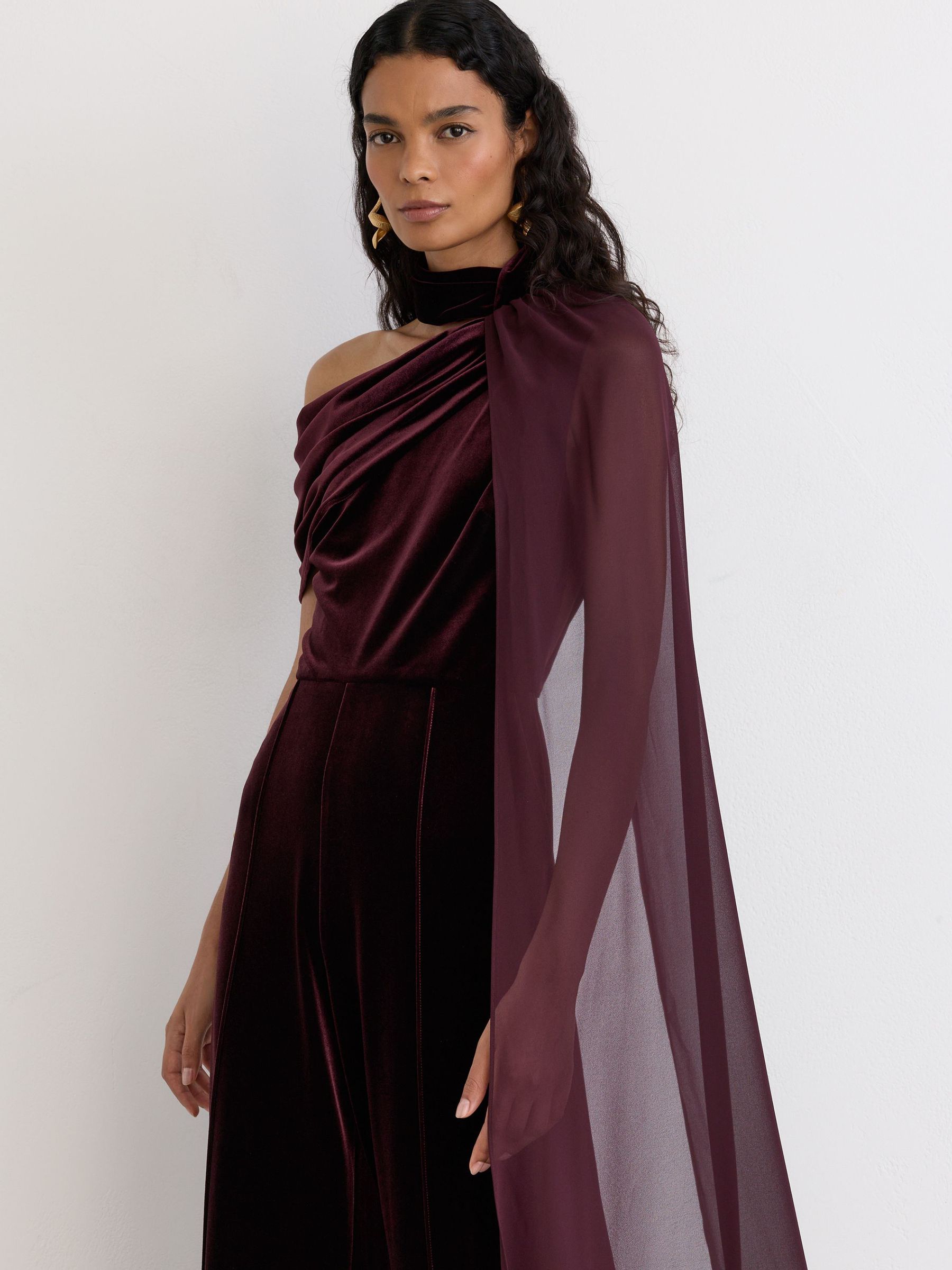 One-Shoulder Drape Wide-Leg Jumpsuit in Burgundy Red - Image 6 of 7