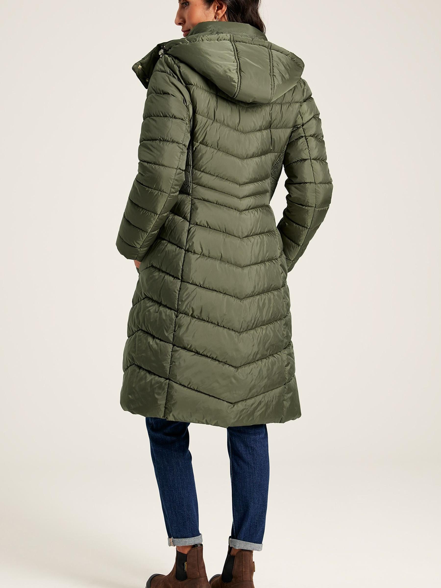Pembury Khaki Green Showerproof Long Padded Coat With Hood | Joules