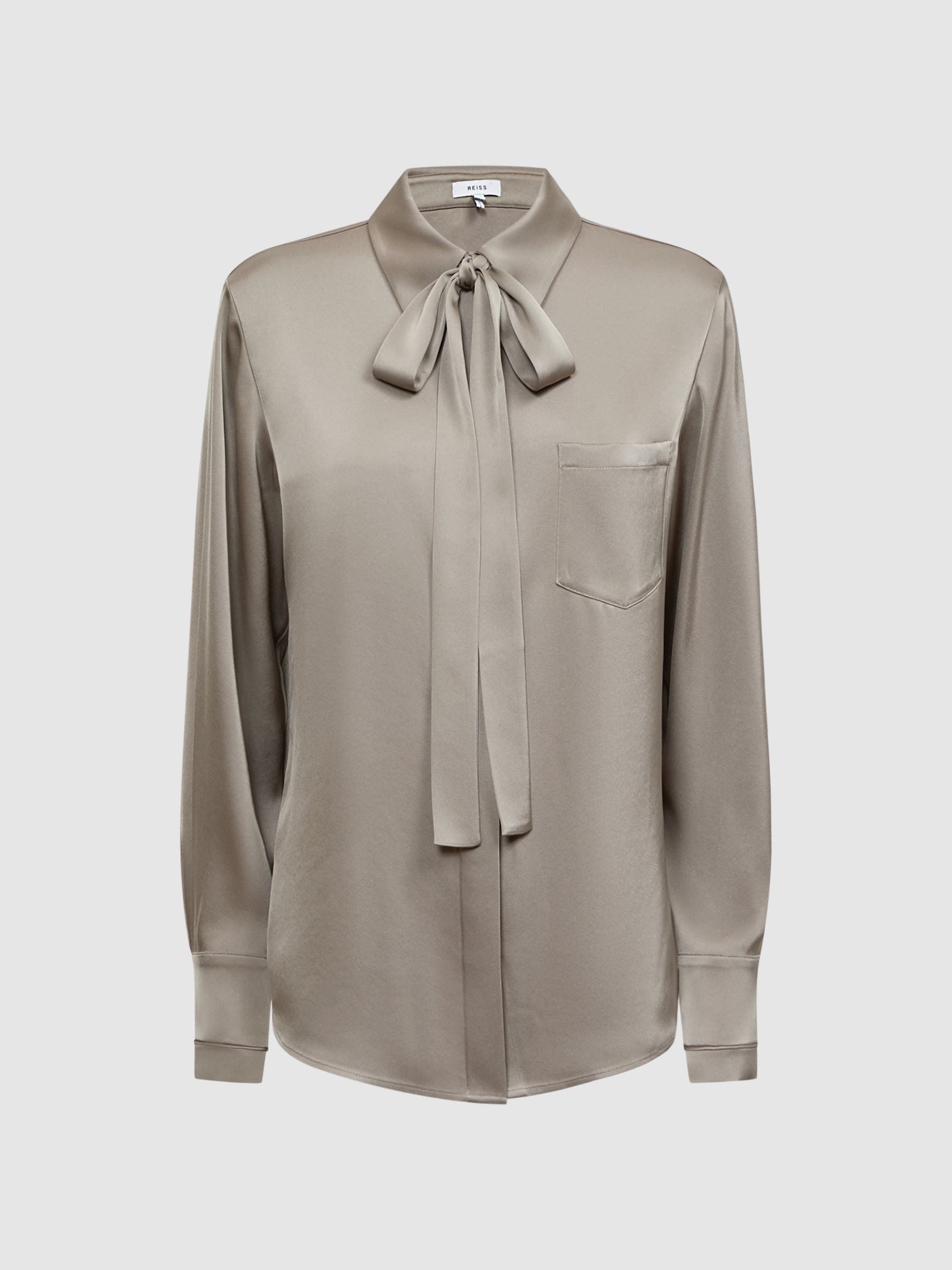 Satin Removable Neck Tie Blouse in Grey - Image 2 of 4 Satin Removable Neck Tie Blouse in Grey - Image 2 of 4