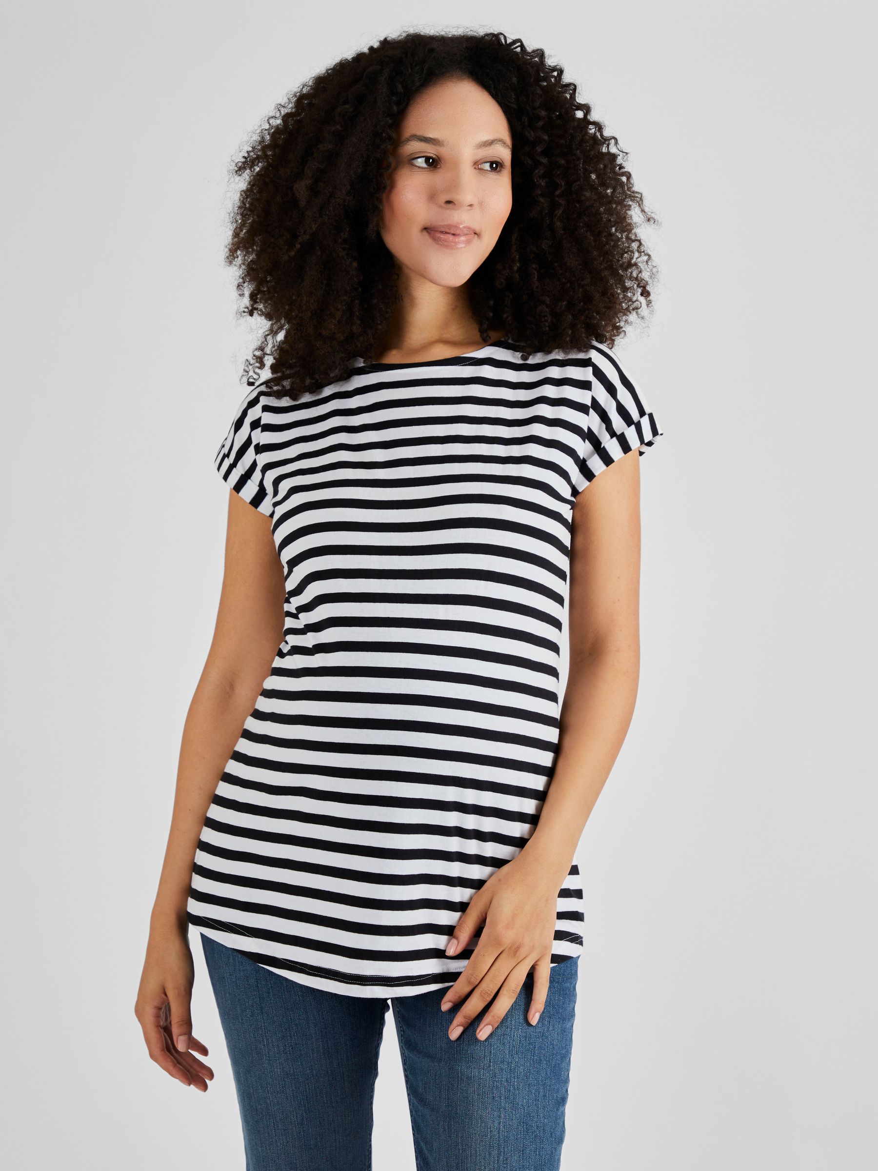 White Black Stripe Boyfriend Cotton Maternity T-Shirt - Image 1 of 5