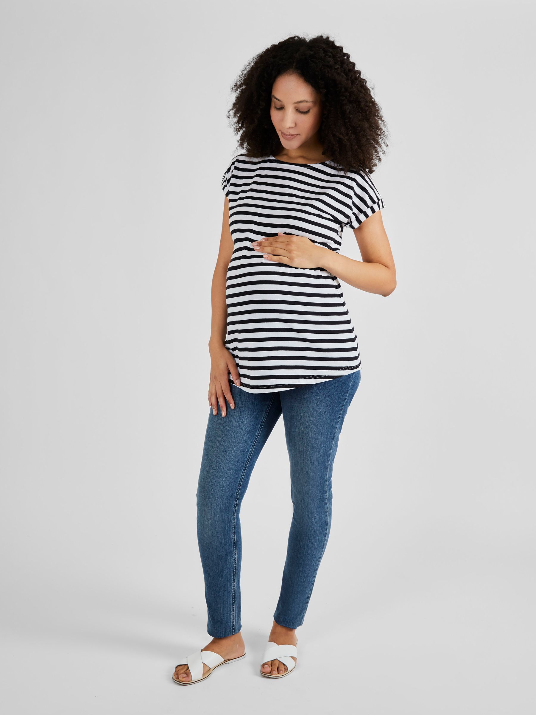 White Black Stripe Boyfriend Cotton Maternity T-Shirt - Image 3 of 5