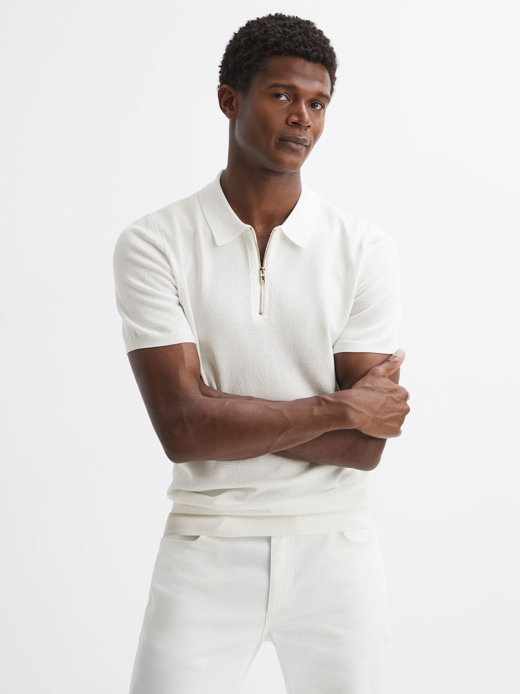 Knitted Half-Zip Polo T-Shirt in White - Image 1 of 4