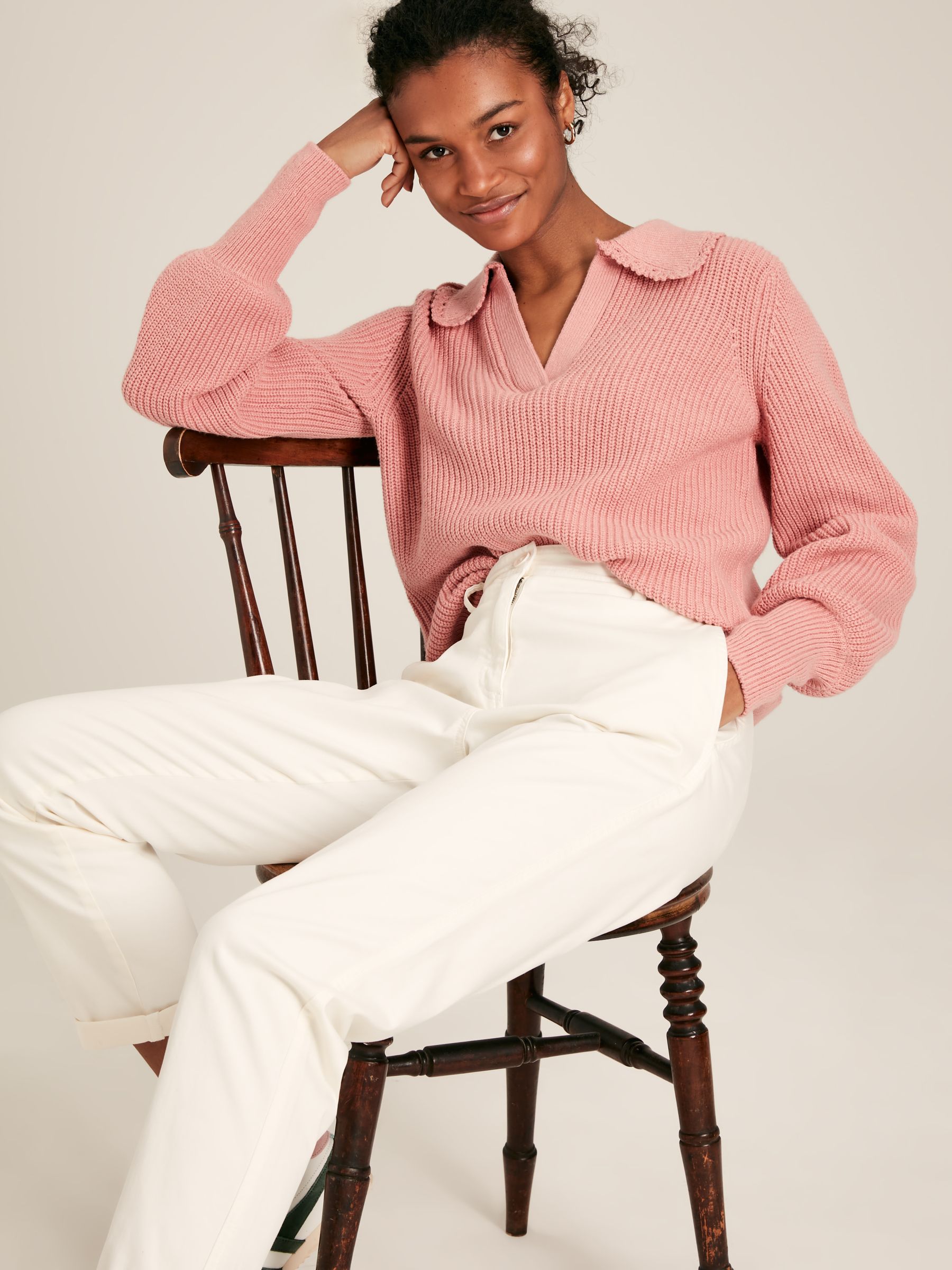 Evangeline Pink Rib Knit Jumper With Crochet Collar | Joules