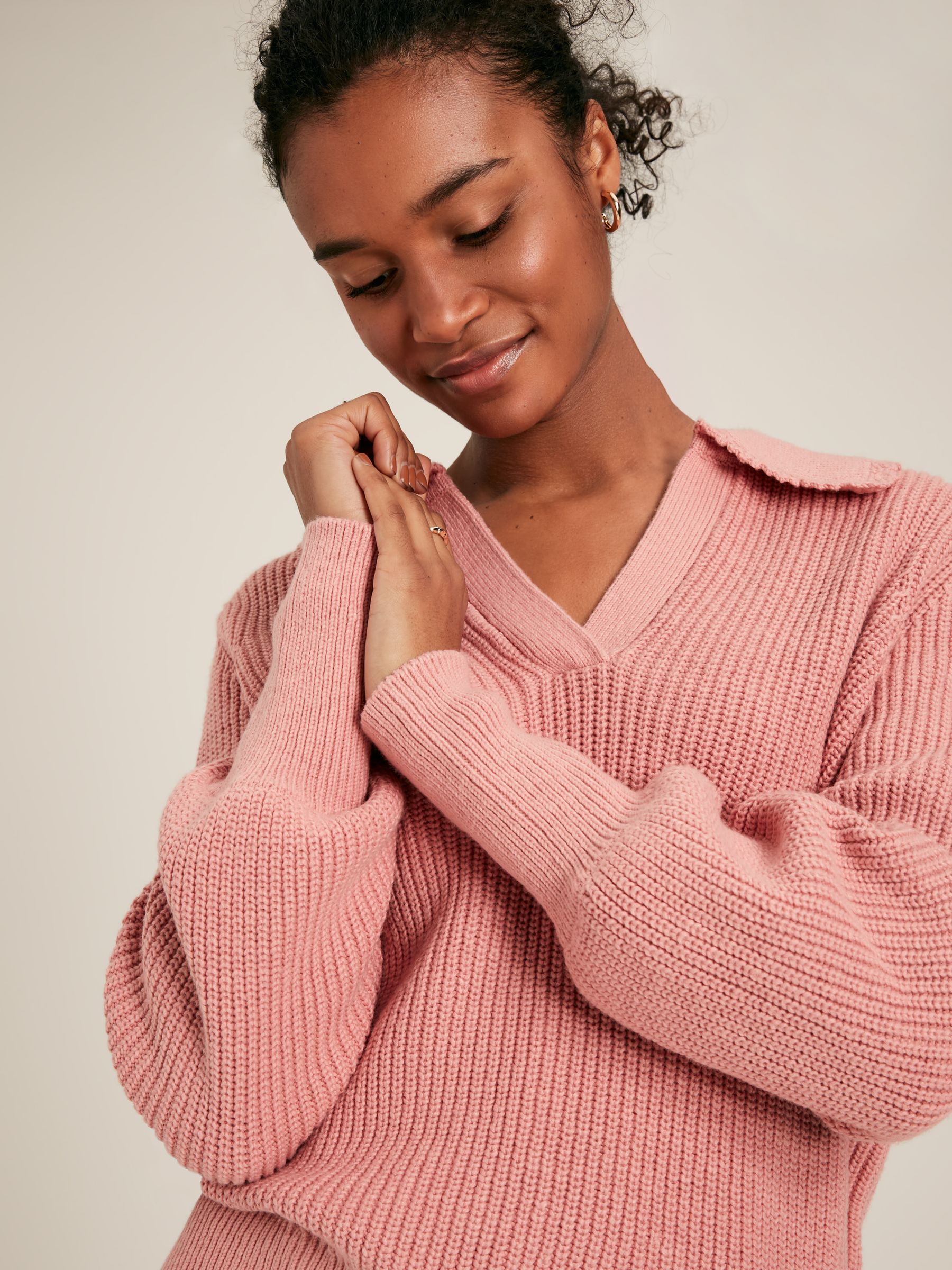 Evangeline Pink Rib Knit Jumper With Crochet Collar | Joules