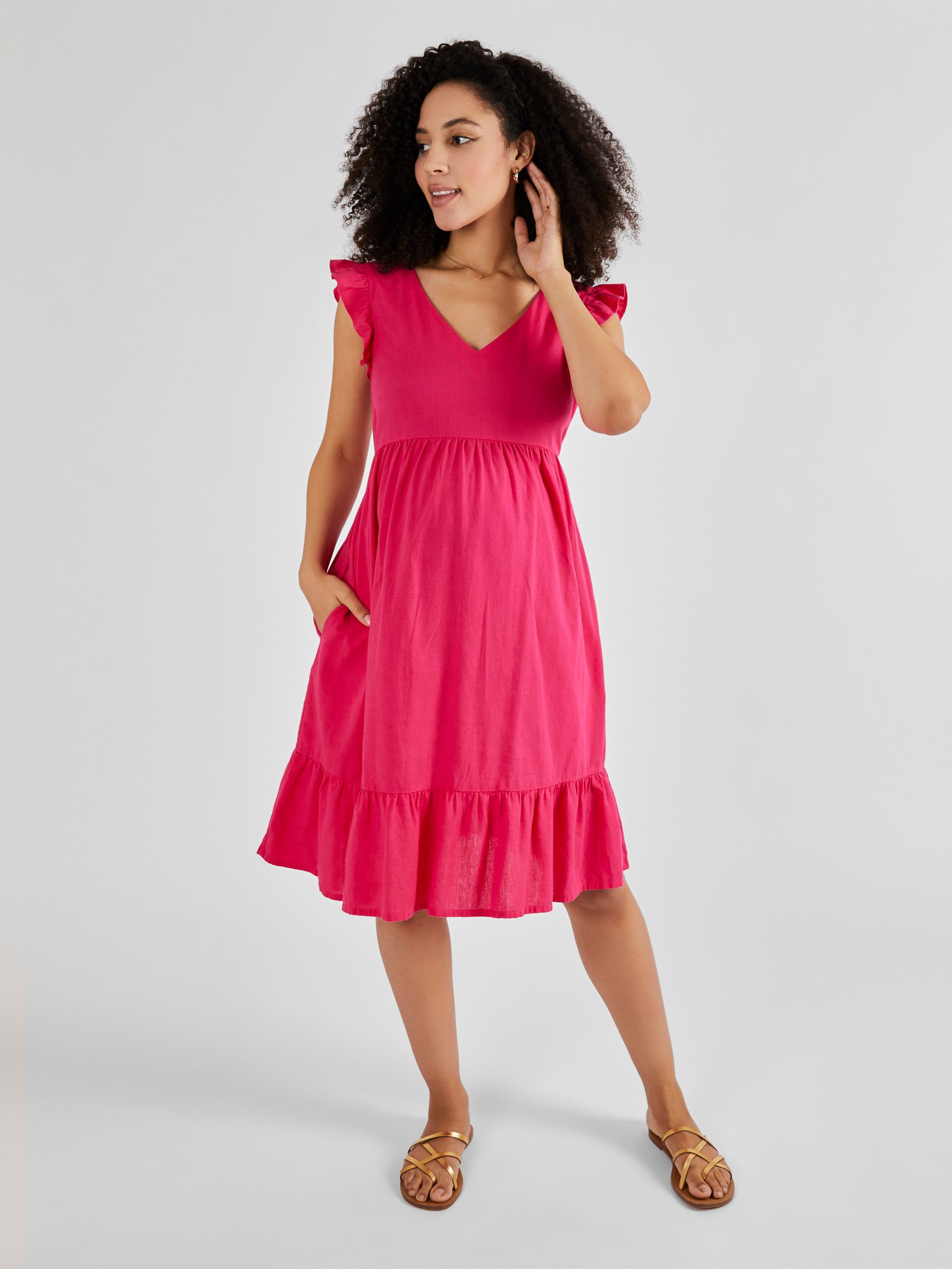 Linen Blend Frill Sleeve Maternity Dress in Pink | JoJo Maman Bb USA