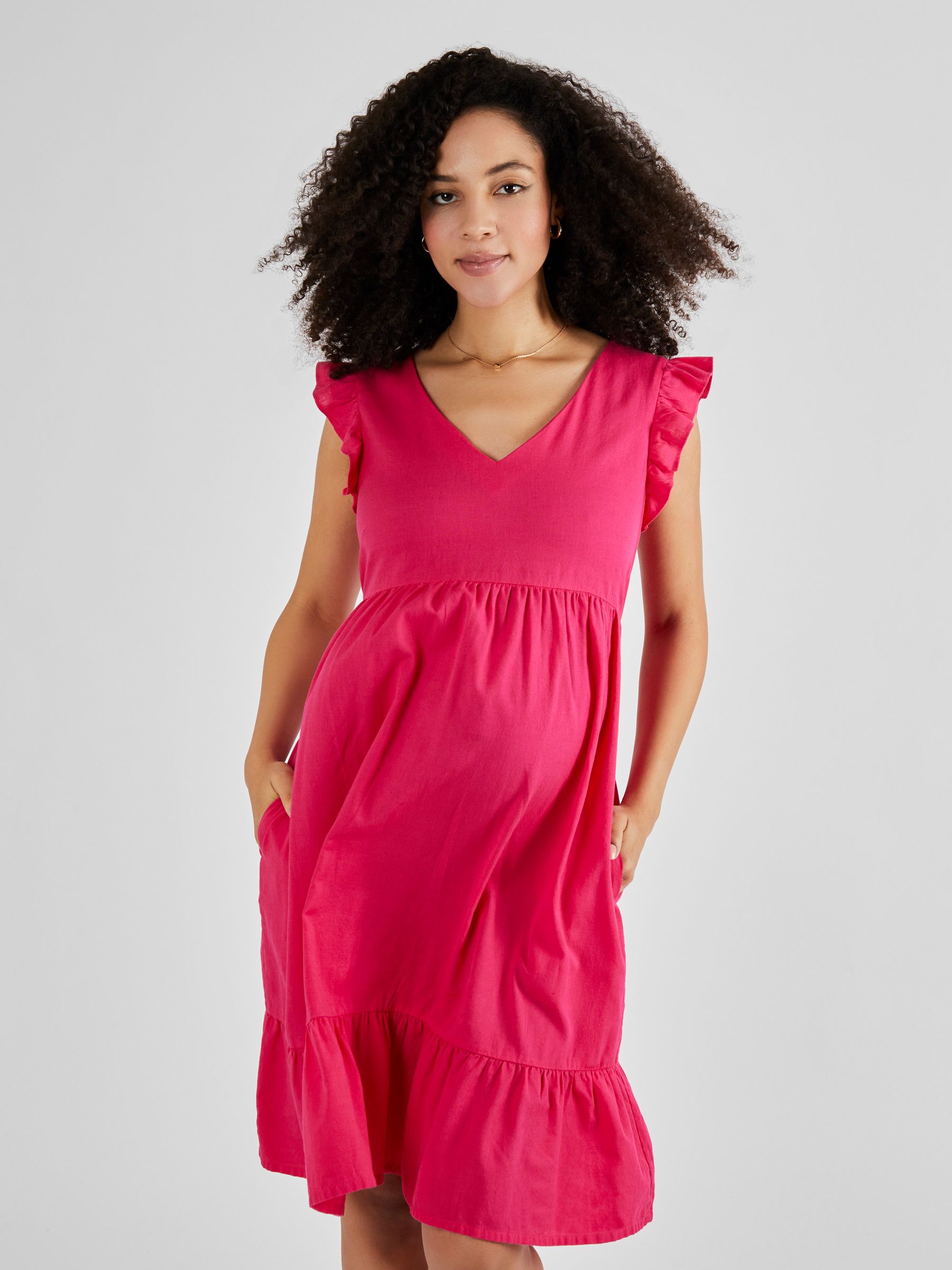 Linen Blend Frill Sleeve Maternity Dress in Pink - Image 3 of 4