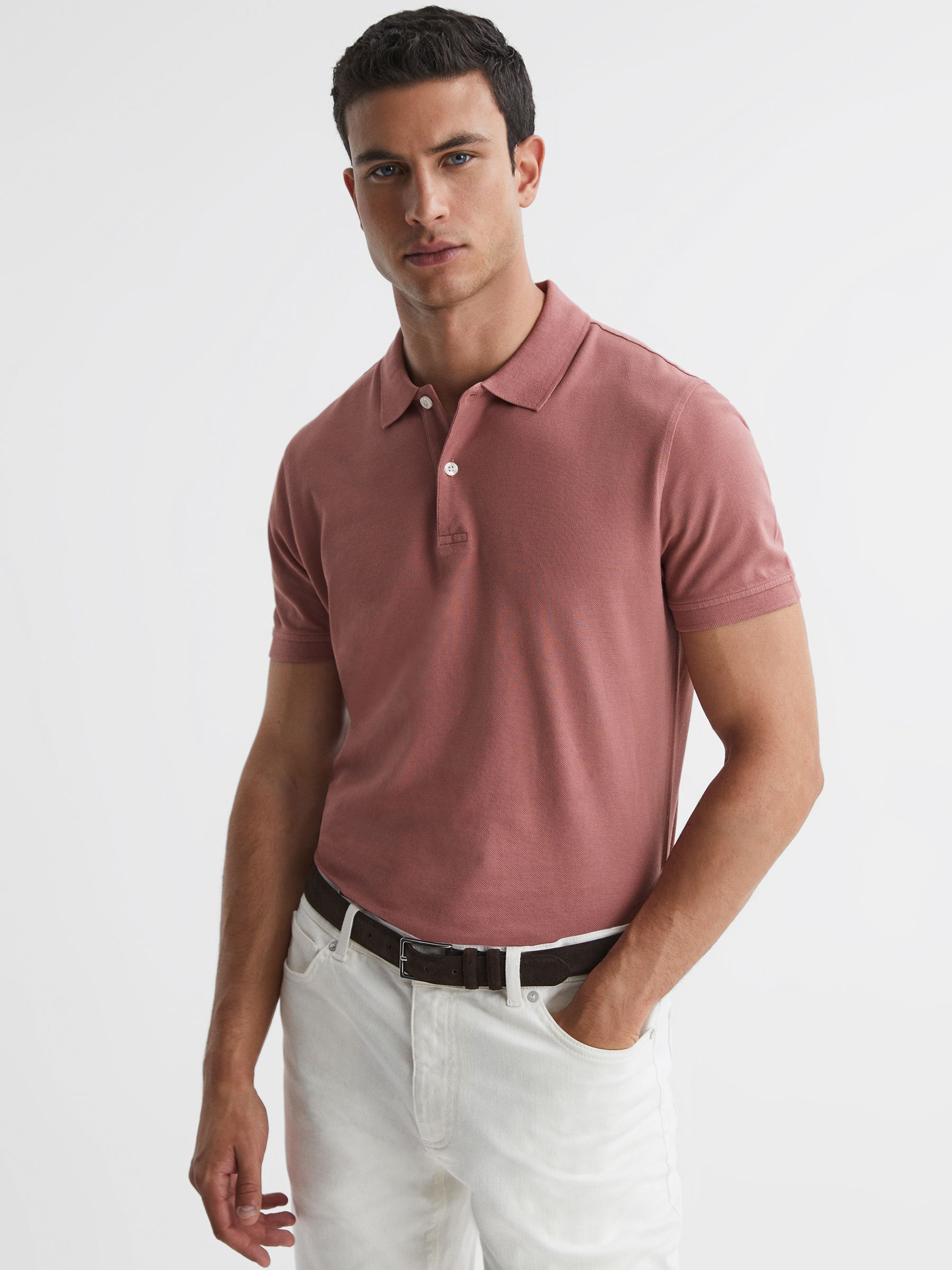 Slim Fit Garment Dye Polo Shirt in Dusty Rose - Image 3 of 4