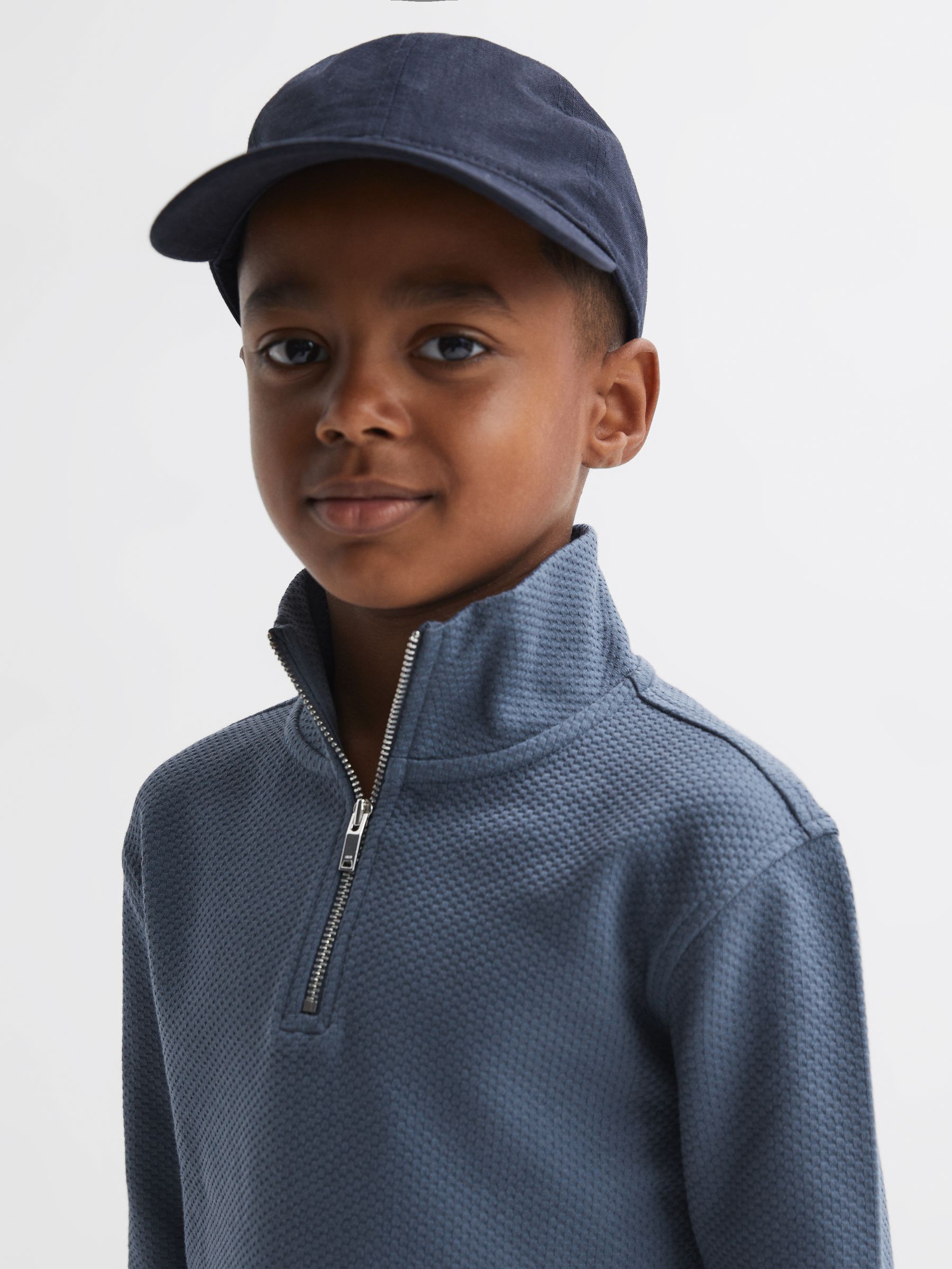 Senior Textured Half-Zip Funnel Neck Top in Airforce Blue - Image 1 of 6