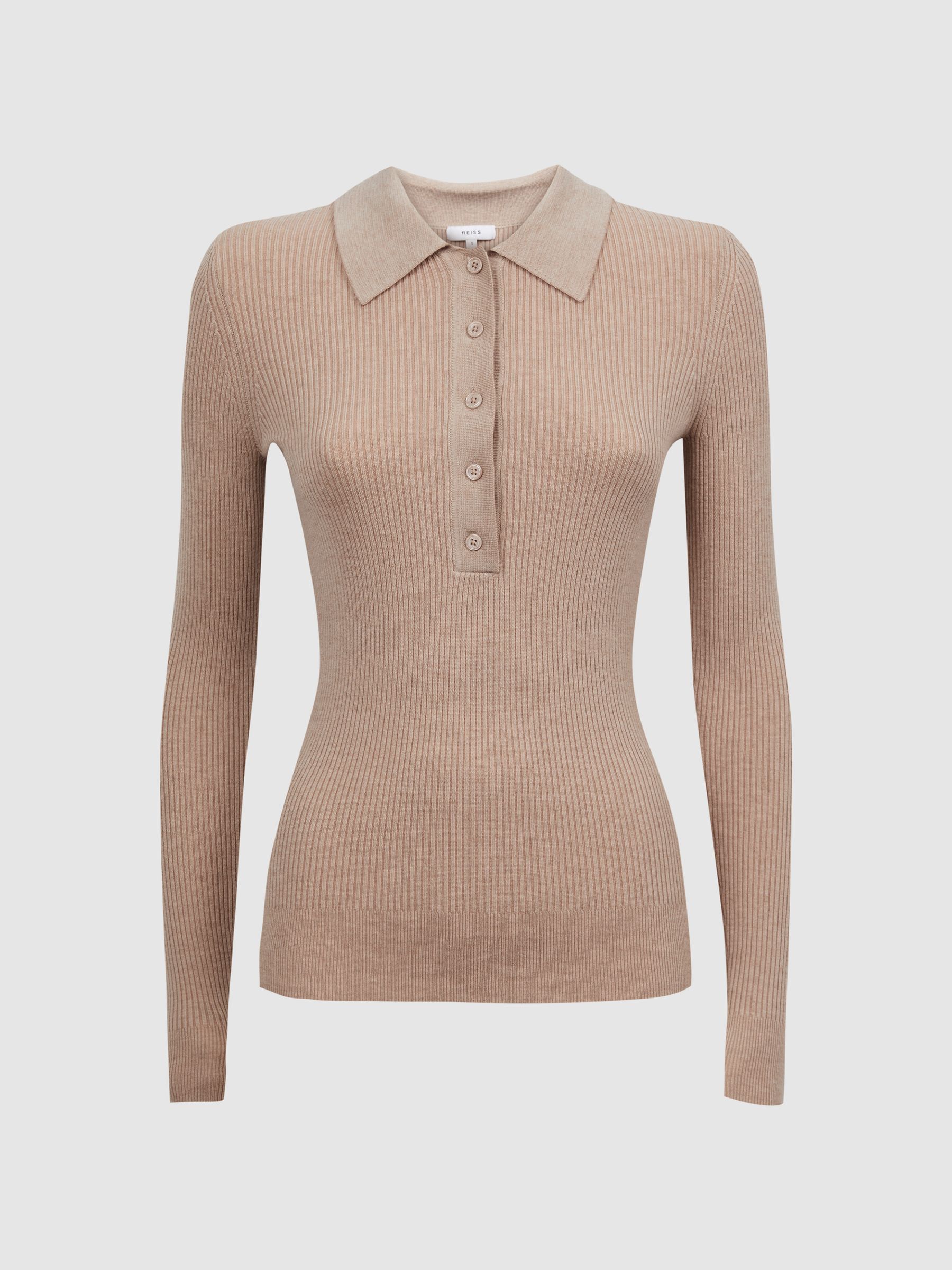Ribbed Space Wool Polo Shirt in Camel - Image 2 of 5 Ribbed Space Wool Polo Shirt in Camel - Image 2 of 5