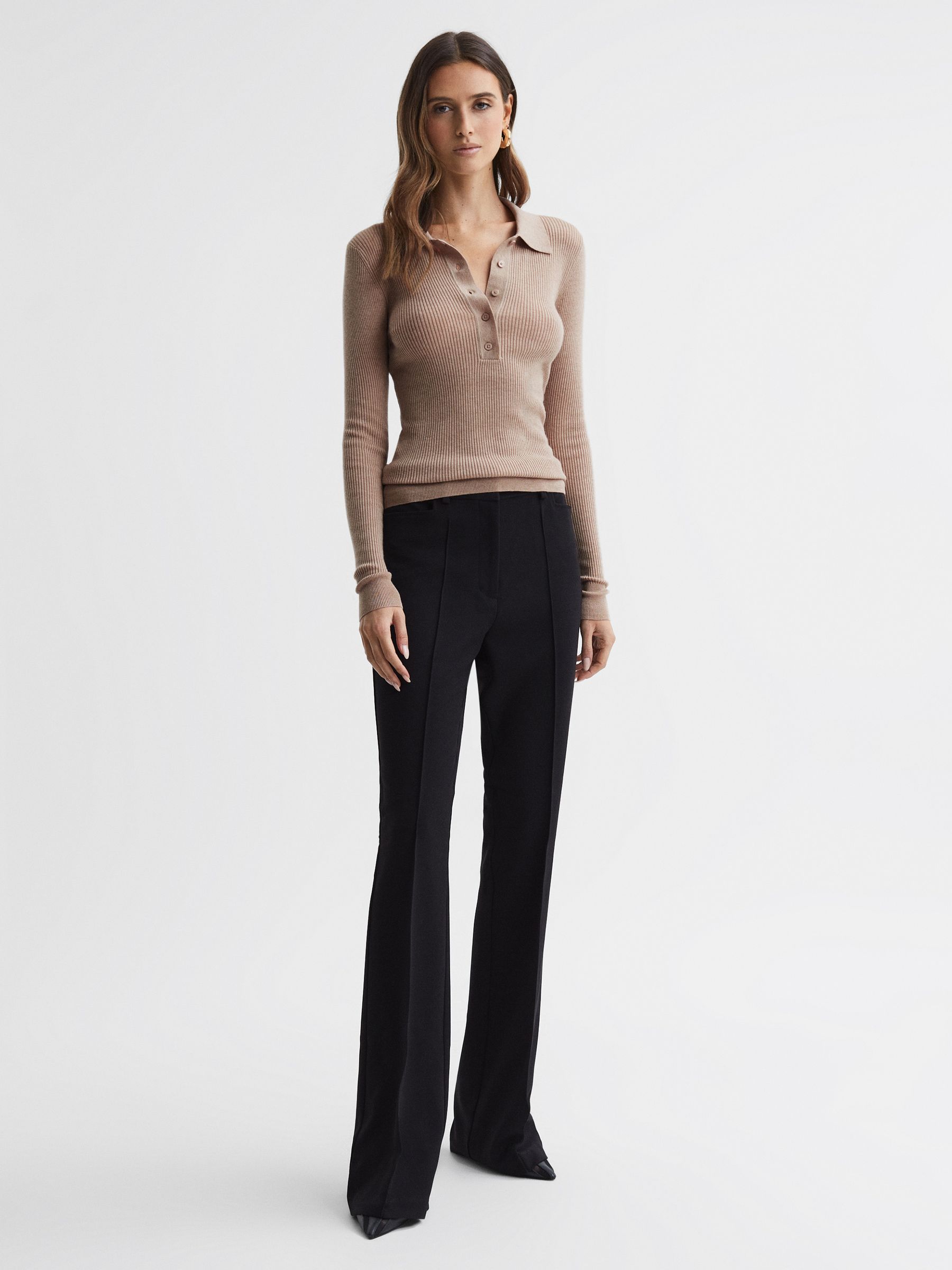 Ribbed Space Wool Polo Shirt in Camel - Image 3 of 5