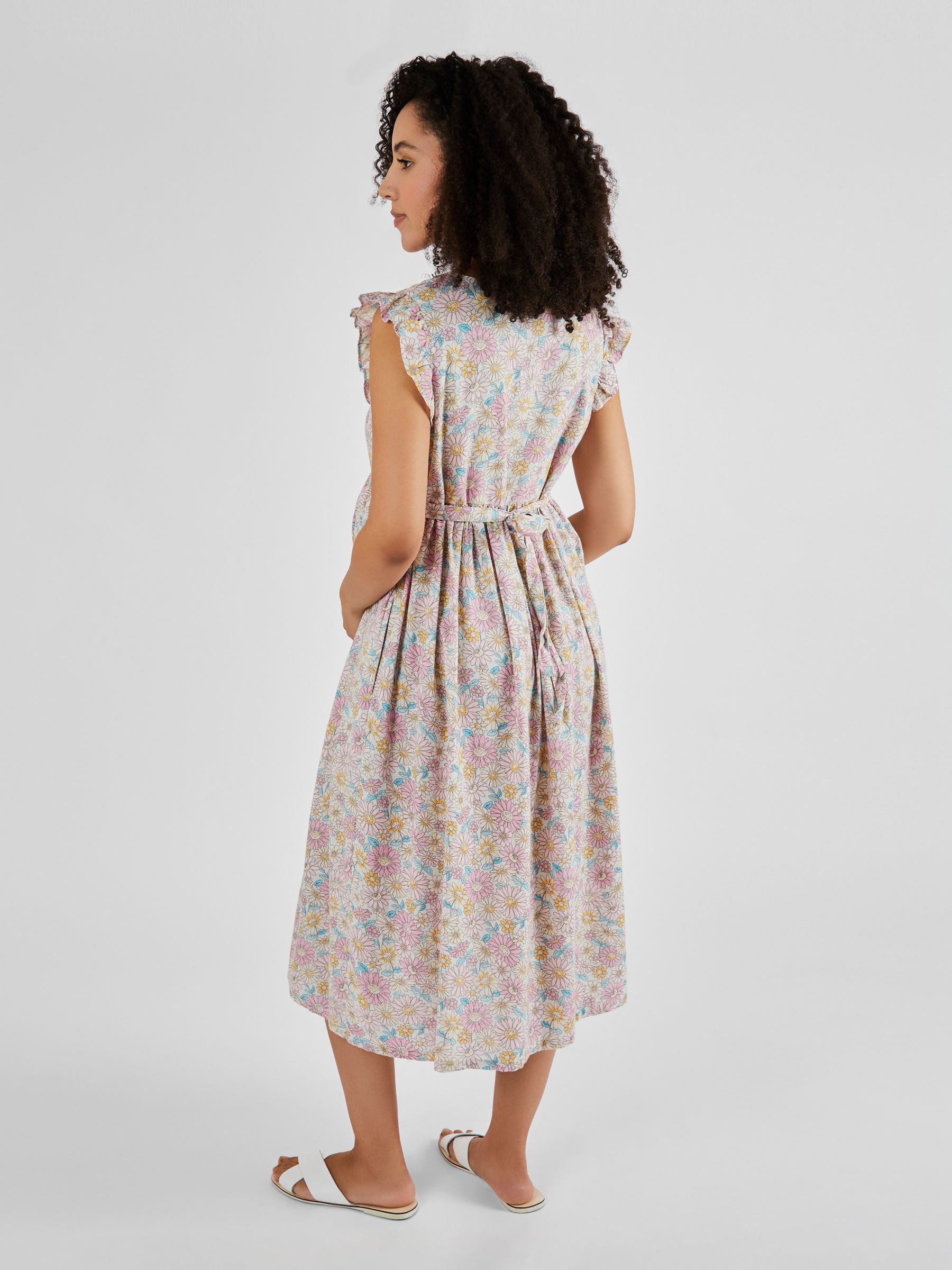 Yellow Pink Sunflowers Print Frill Sleeve Maternity Midi Dress - Image 2 of 4