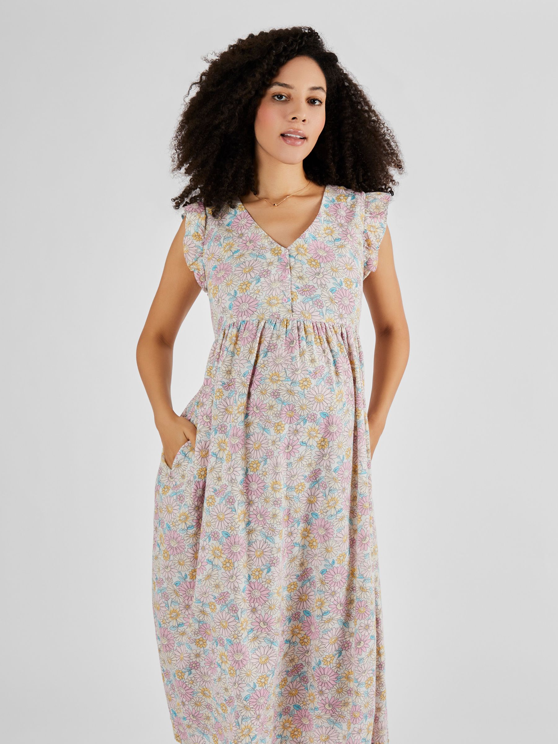 Yellow Pink Sunflowers Print Frill Sleeve Maternity Midi Dress - Image 3 of 4