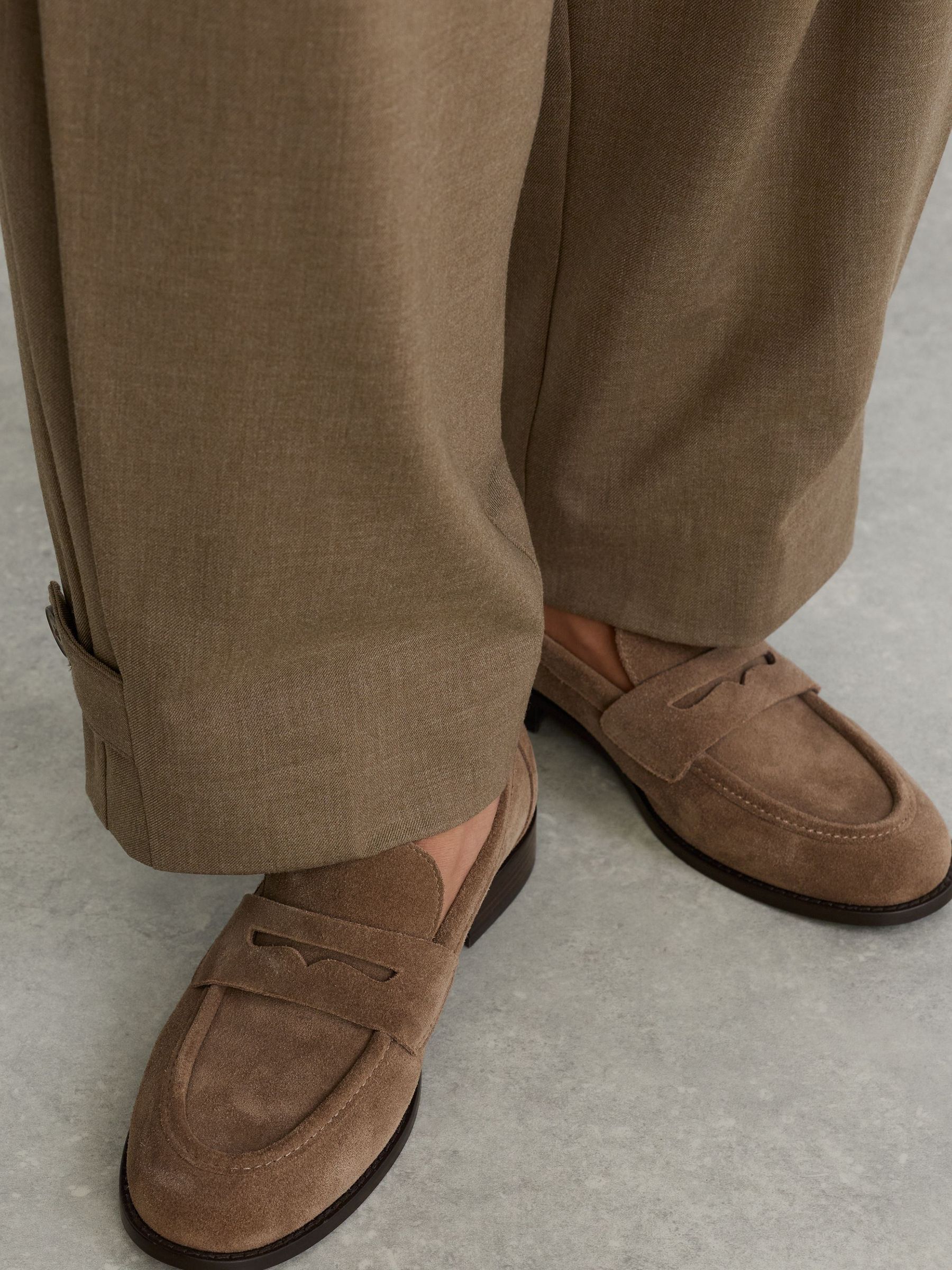 Suede Penny Loafers in Taupe - Image 1 of 6