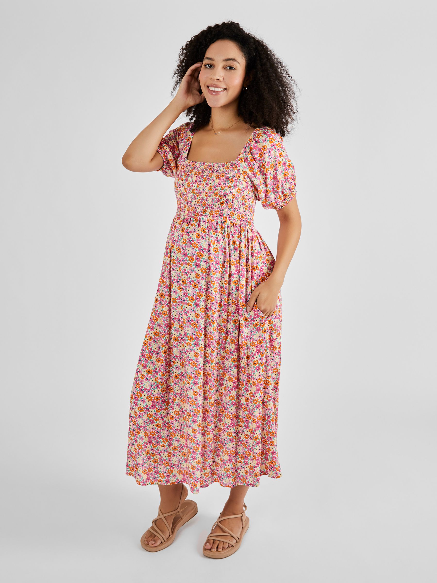 Coral Pink Floral Shirred Maternity Midi Dress - Image 1 of 5