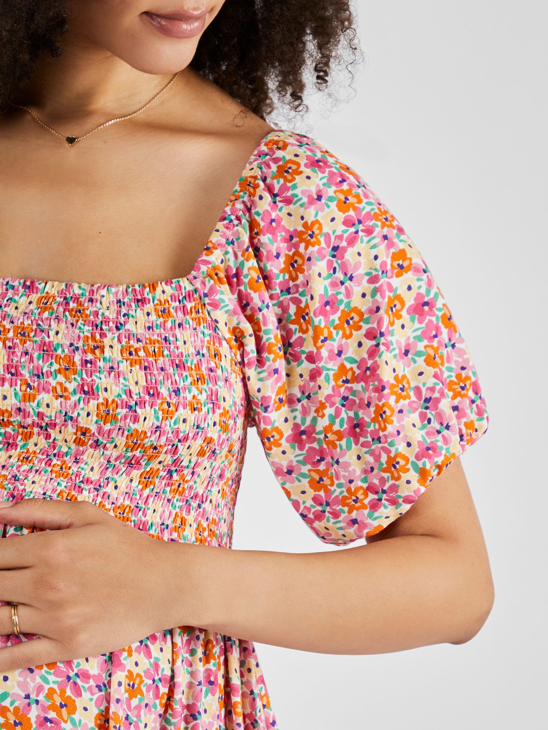 Coral Pink Floral Shirred Maternity Midi Dress - Image 4 of 5