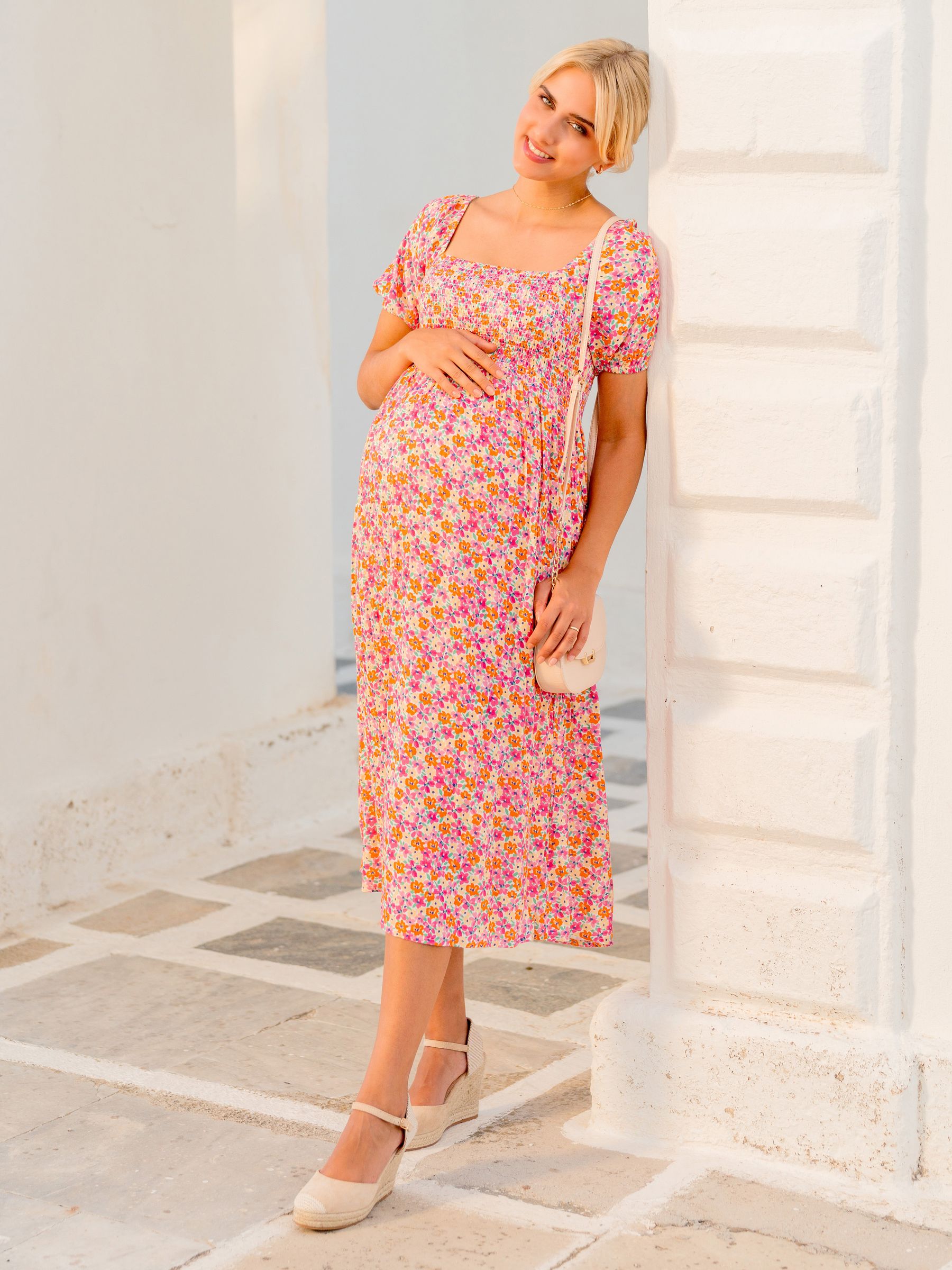 Coral Pink Floral Shirred Maternity Midi Dress - Image 5 of 5