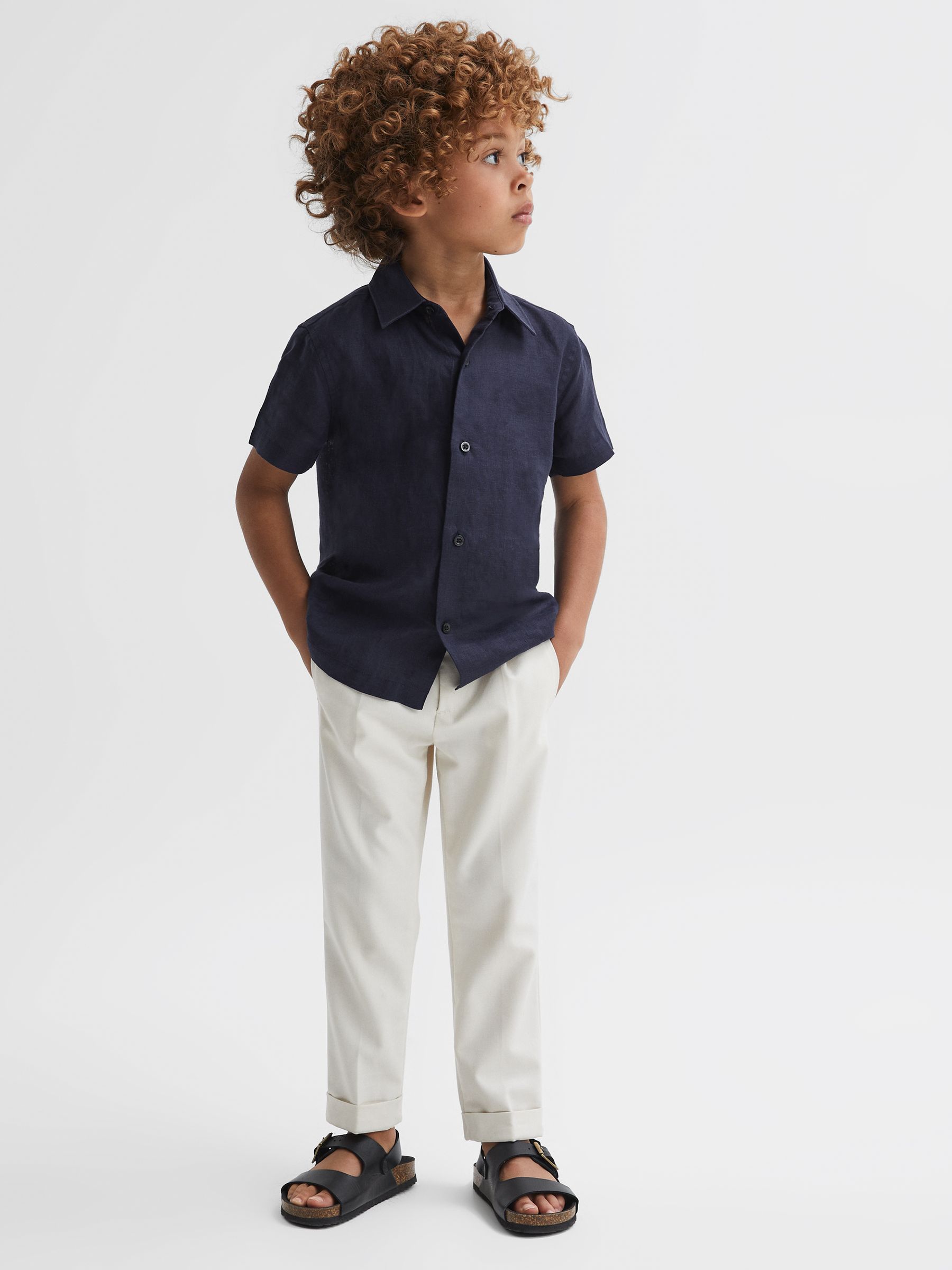 9-13 yrs Short Sleeve Linen Shirt in Navy - Image 4 of 6