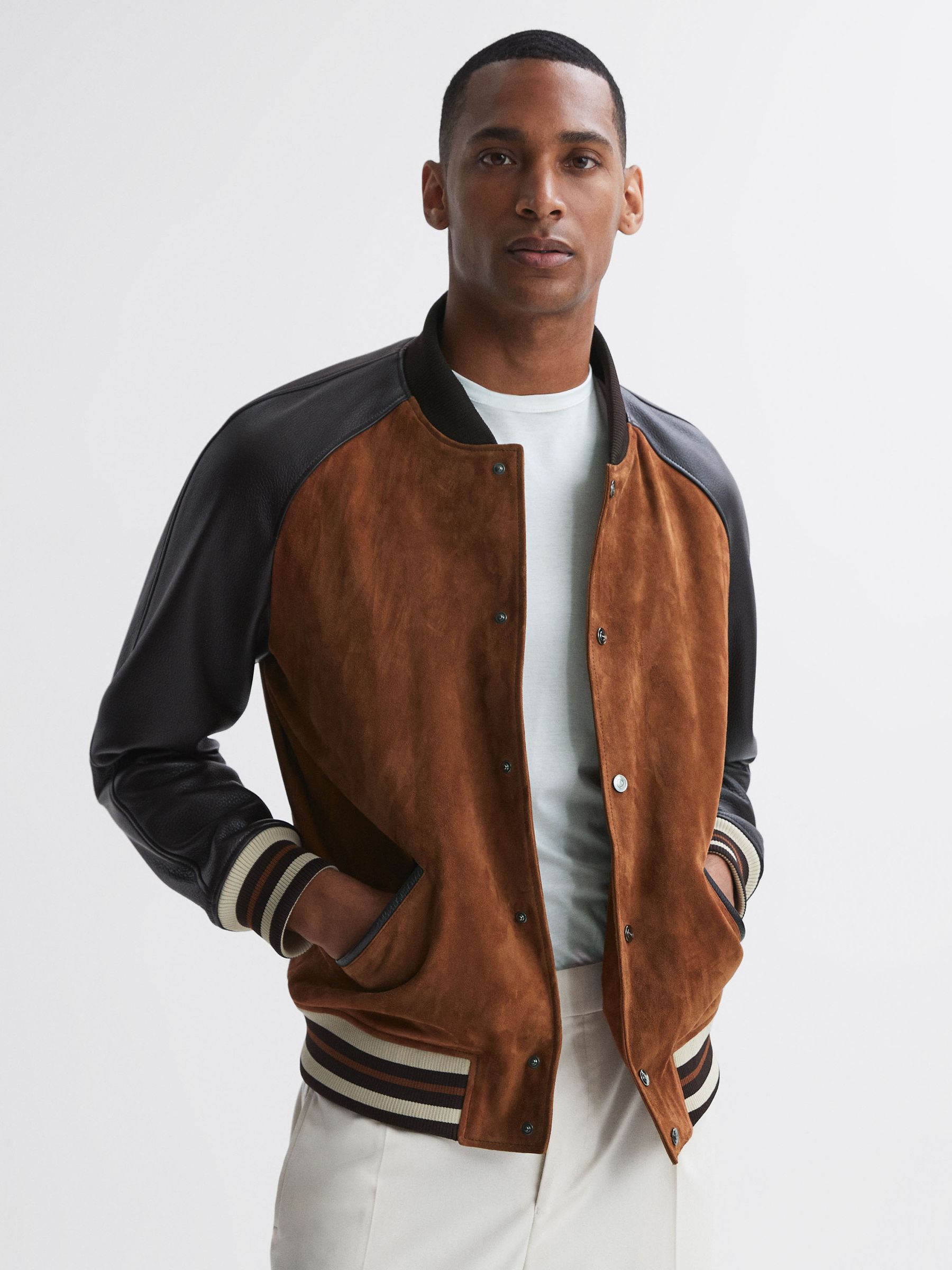 Suede Leather Bomber Jacket in Tobacco - Image 1 of 5