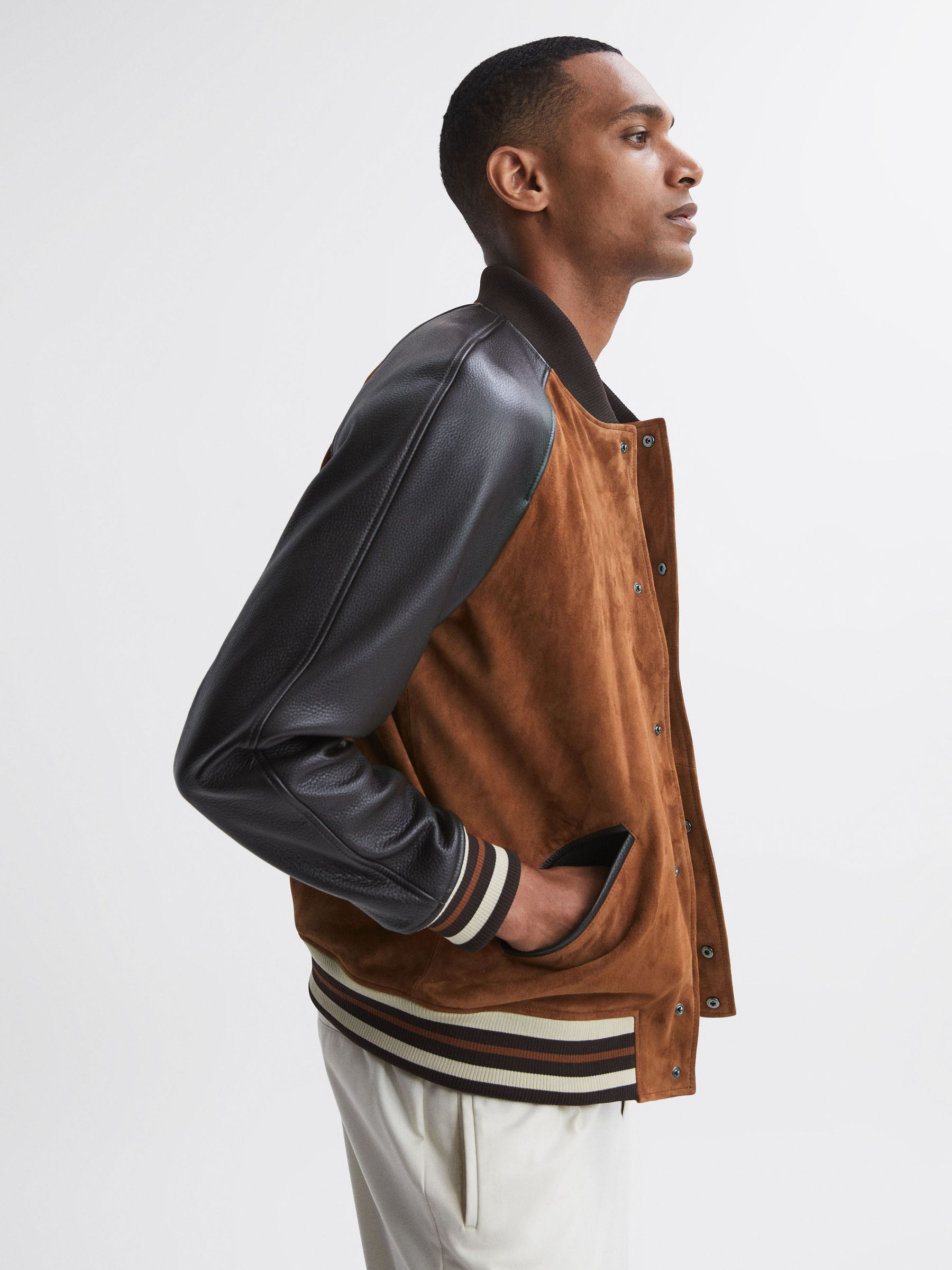 Suede Leather Bomber Jacket in Tobacco - Image 3 of 5