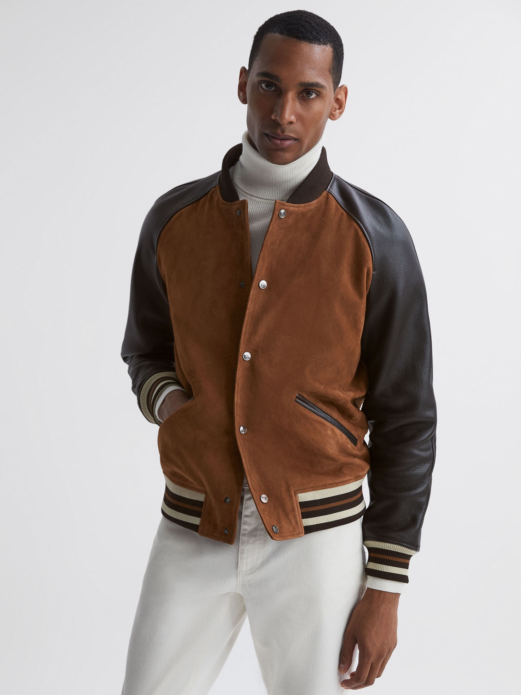 Suede Leather Bomber Jacket in Tobacco - Image 4 of 5