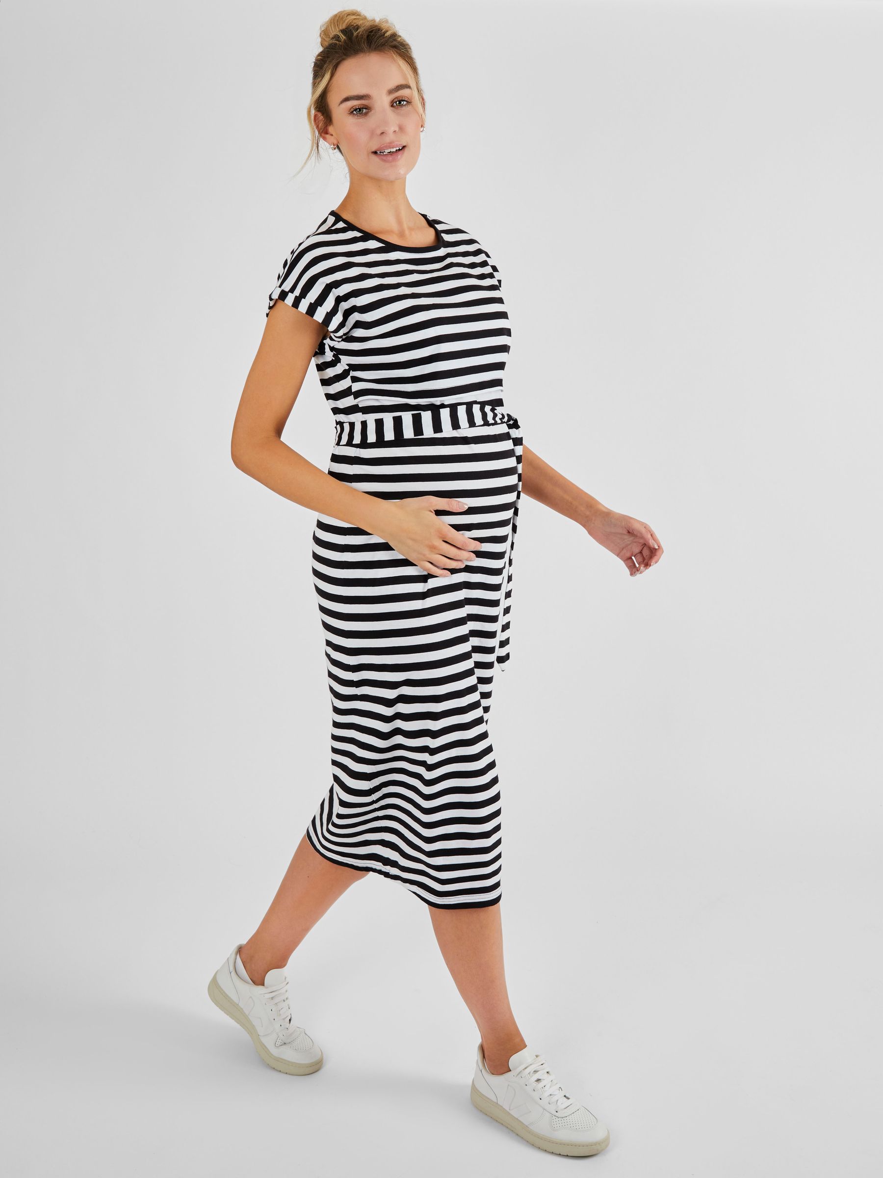 Maternity & Nursing Midi T-Shirt Dress in Black Cream Stripe - Image 1 of 5