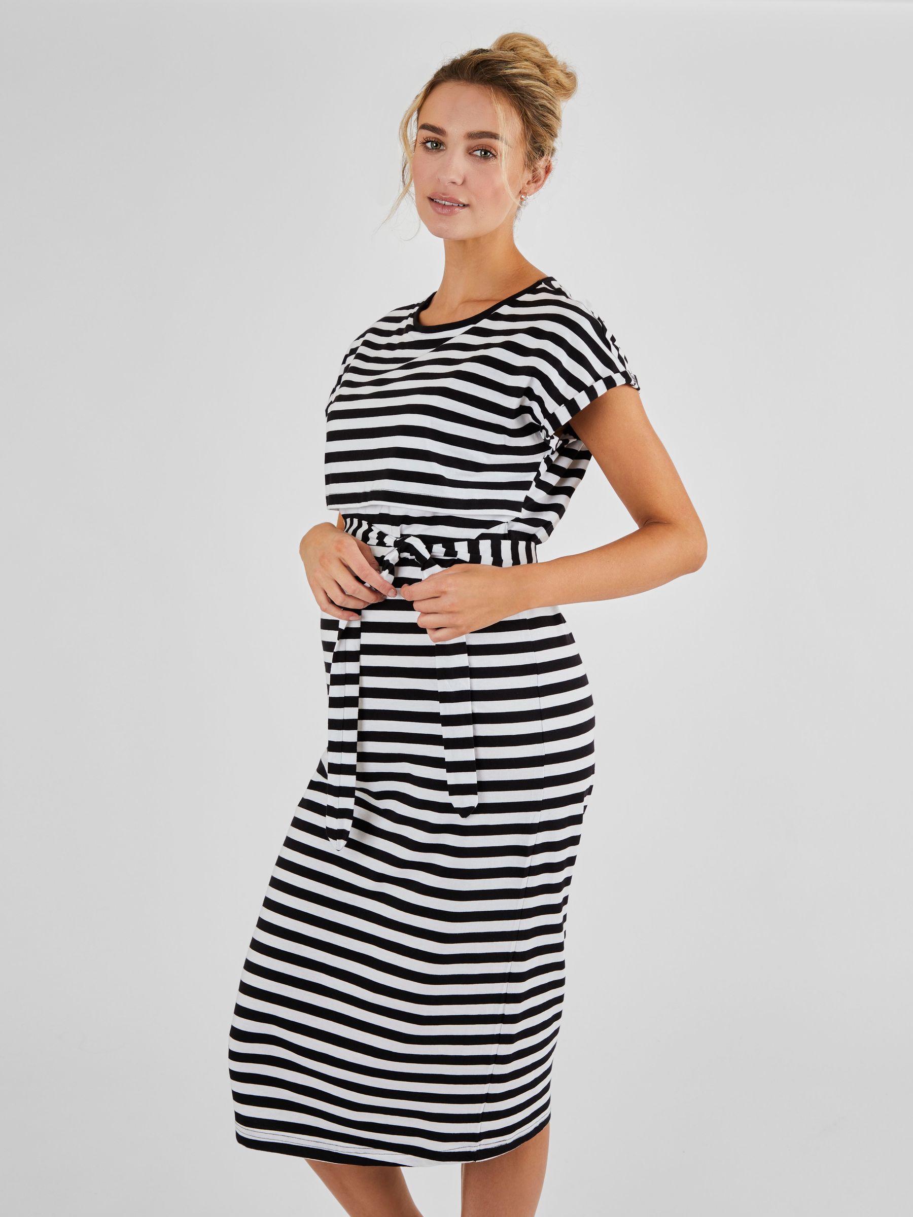 Maternity & Nursing Midi T-Shirt Dress in Black Cream Stripe - Image 2 of 5