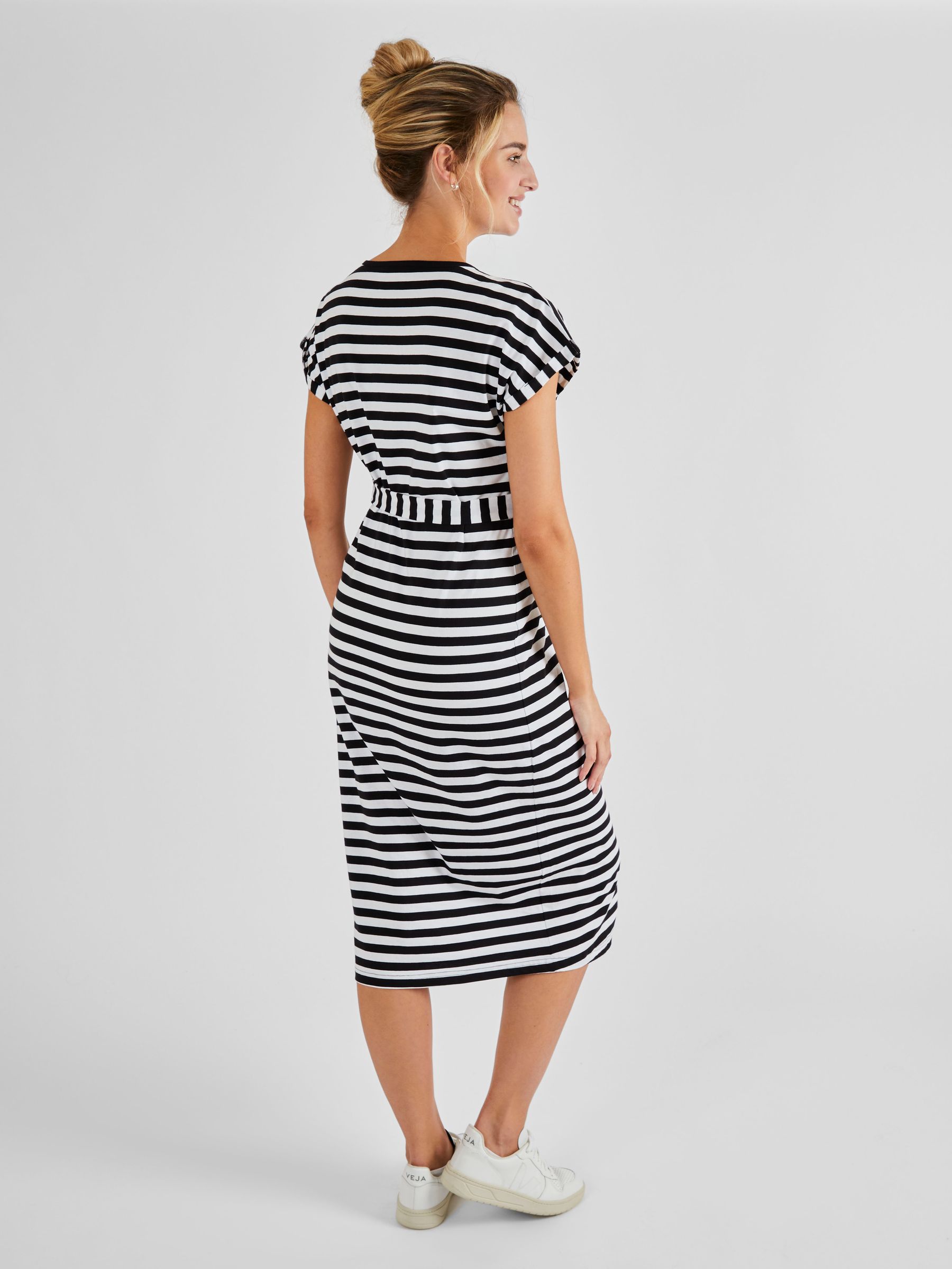 Maternity & Nursing Midi T-Shirt Dress in Black Cream Stripe - Image 3 of 5
