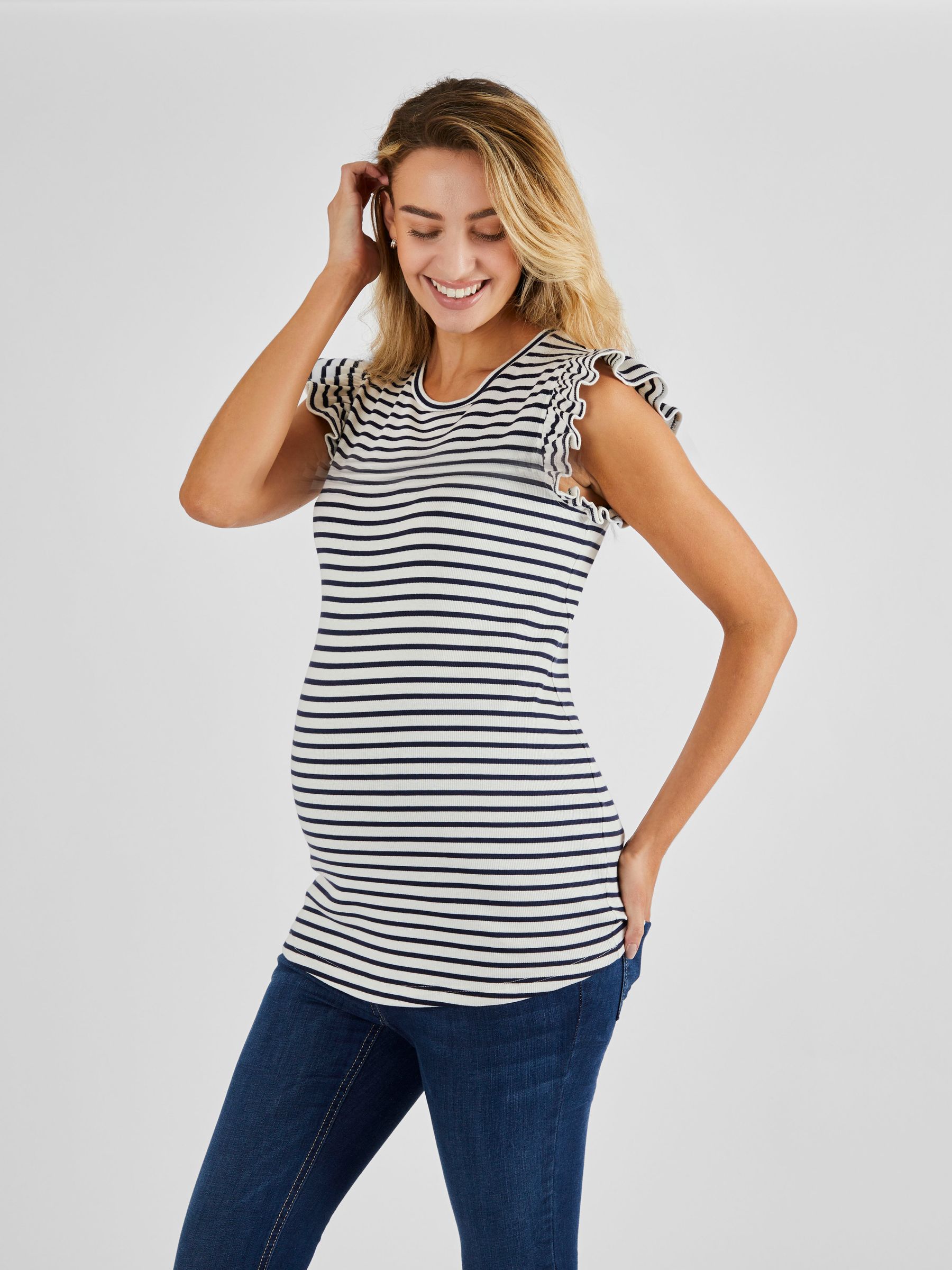 Ecru Cream & Black Stripe Crew Neck Flutter Maternity Top - Image 1 of 5