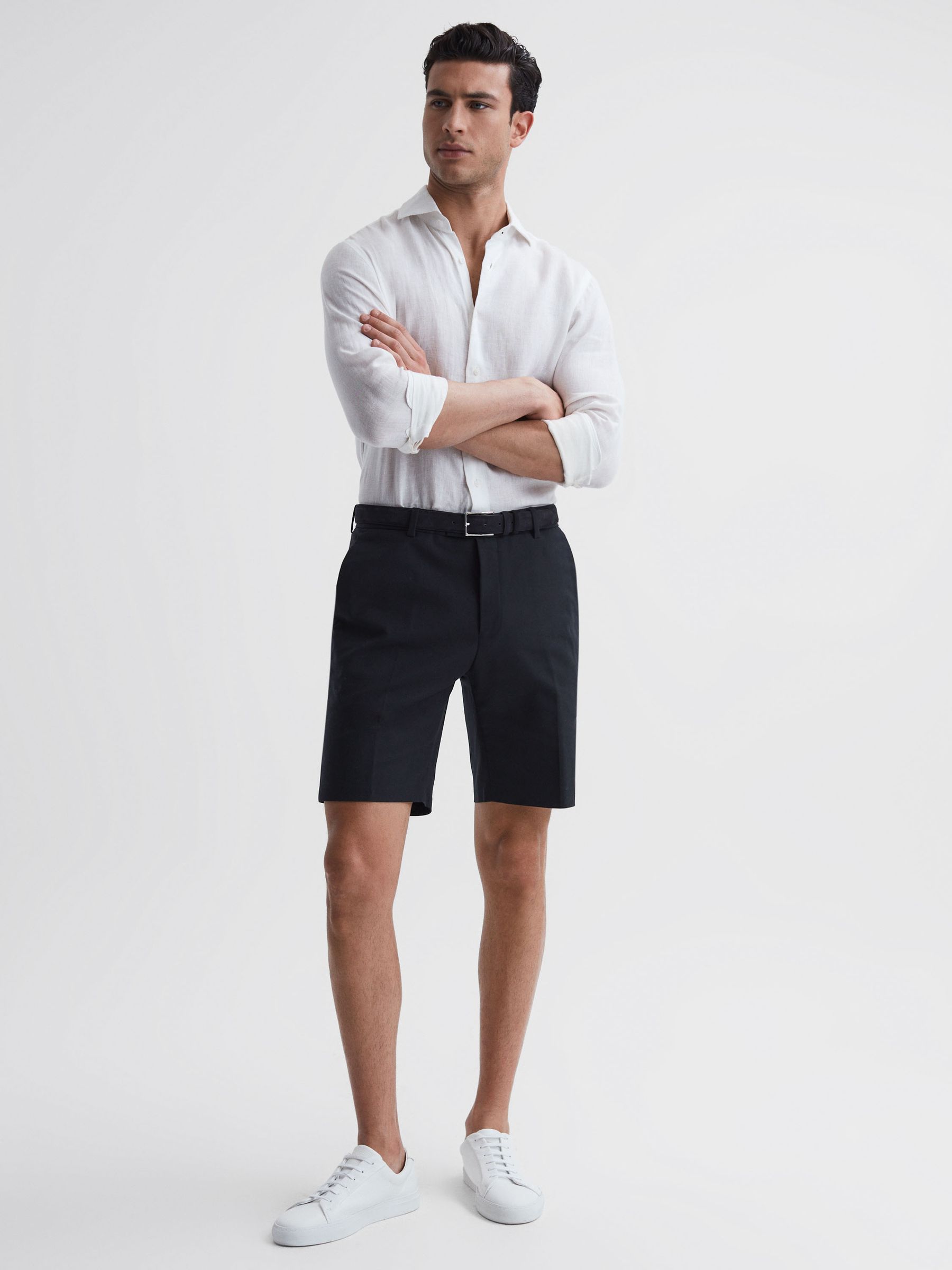 Cotton Blend Chino Shorts in Navy - Image 1 of 6