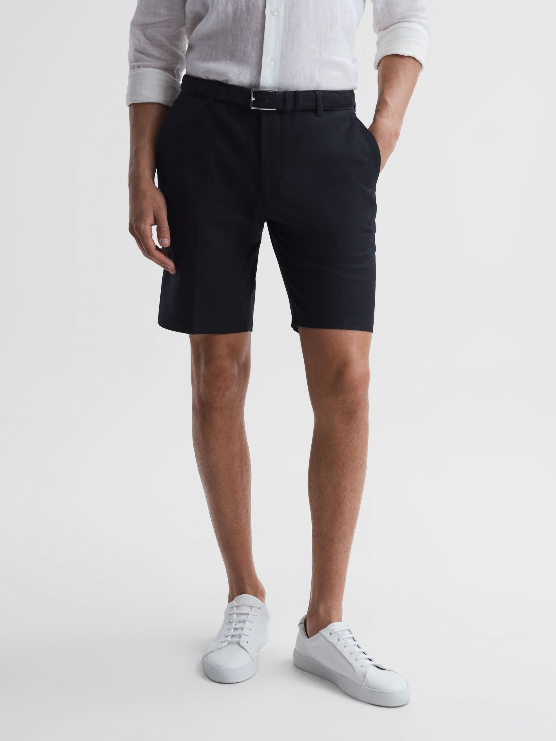 Cotton Blend Chino Shorts in Navy - Image 3 of 6