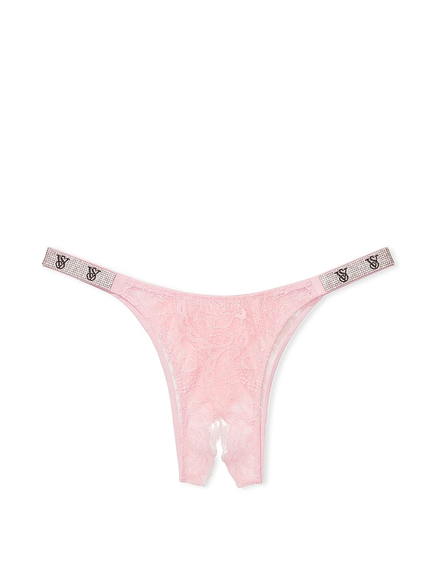 Pretty Blossom Pink Lace Brazilian Shine Strap Crotchless Knickers - Image 1 of 1