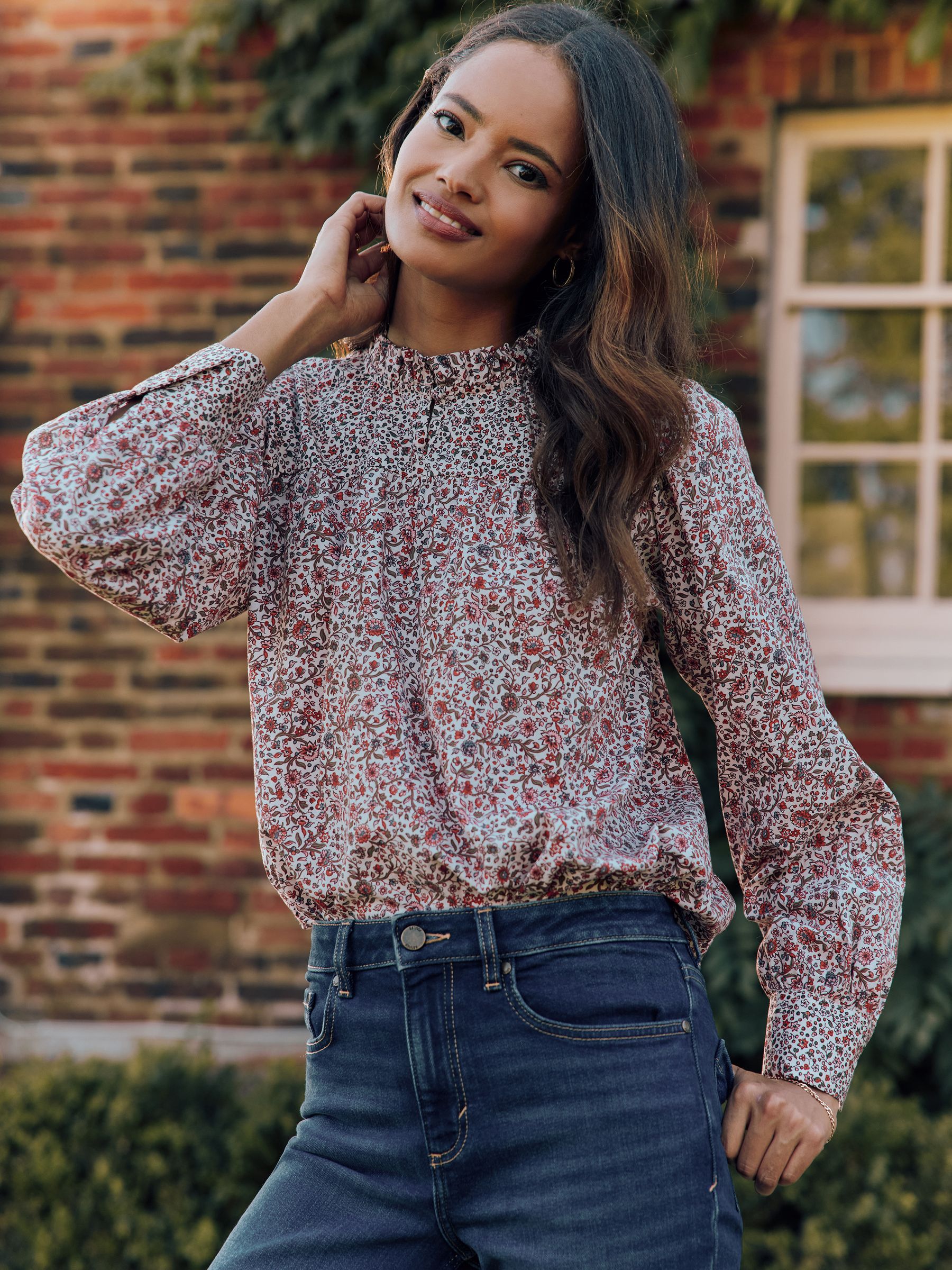 Rhea Cream/Red Floral Long Sleeve Blouse with Frill Neck Joules