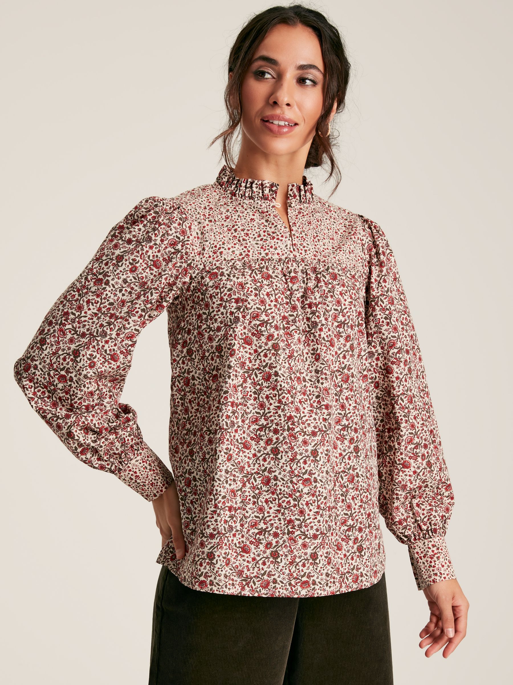 Rhea Cream/Red Floral Long Sleeve Blouse with Frill Neck - Image 2 of 8