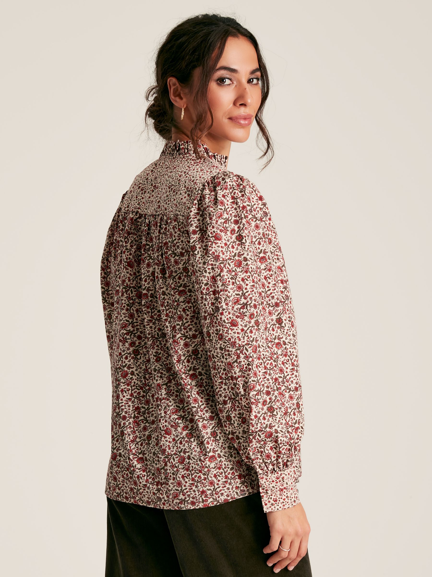 Rhea Cream/Red Floral Long Sleeve Blouse with Frill Neck - Image 3 of 8