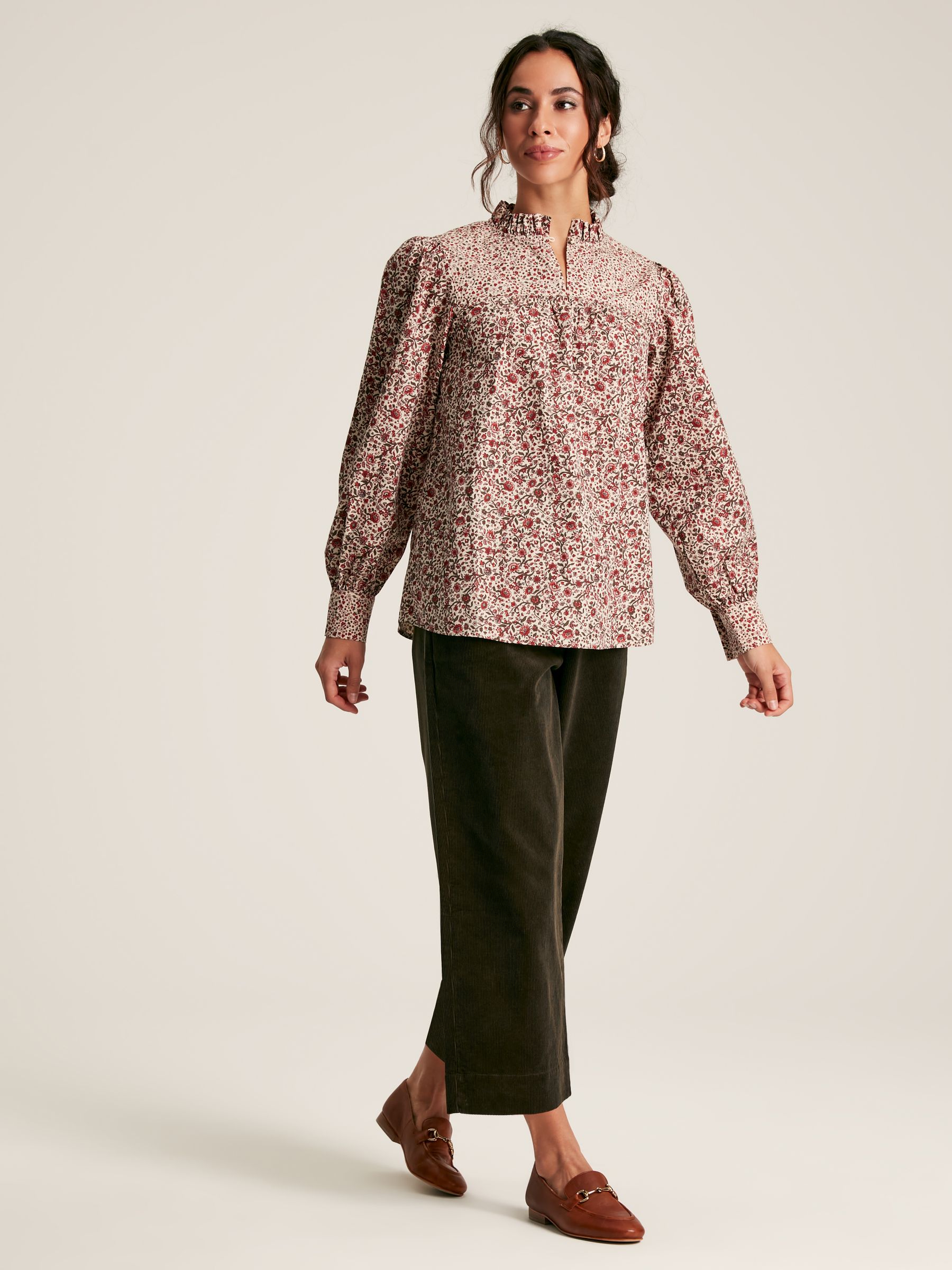Rhea Cream/Red Floral Long Sleeve Blouse with Frill Neck - Image 4 of 8