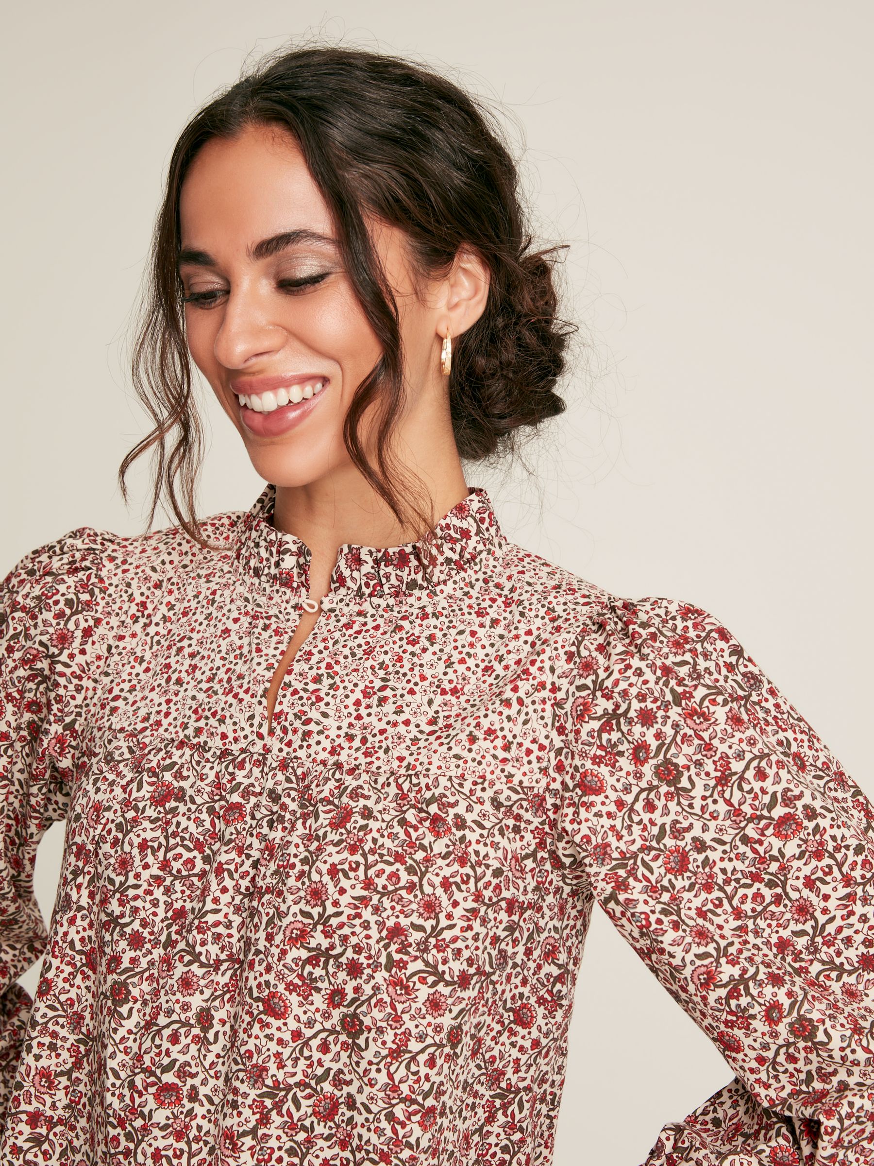 Rhea Cream/Red Floral Long Sleeve Blouse with Frill Neck - Image 5 of 8