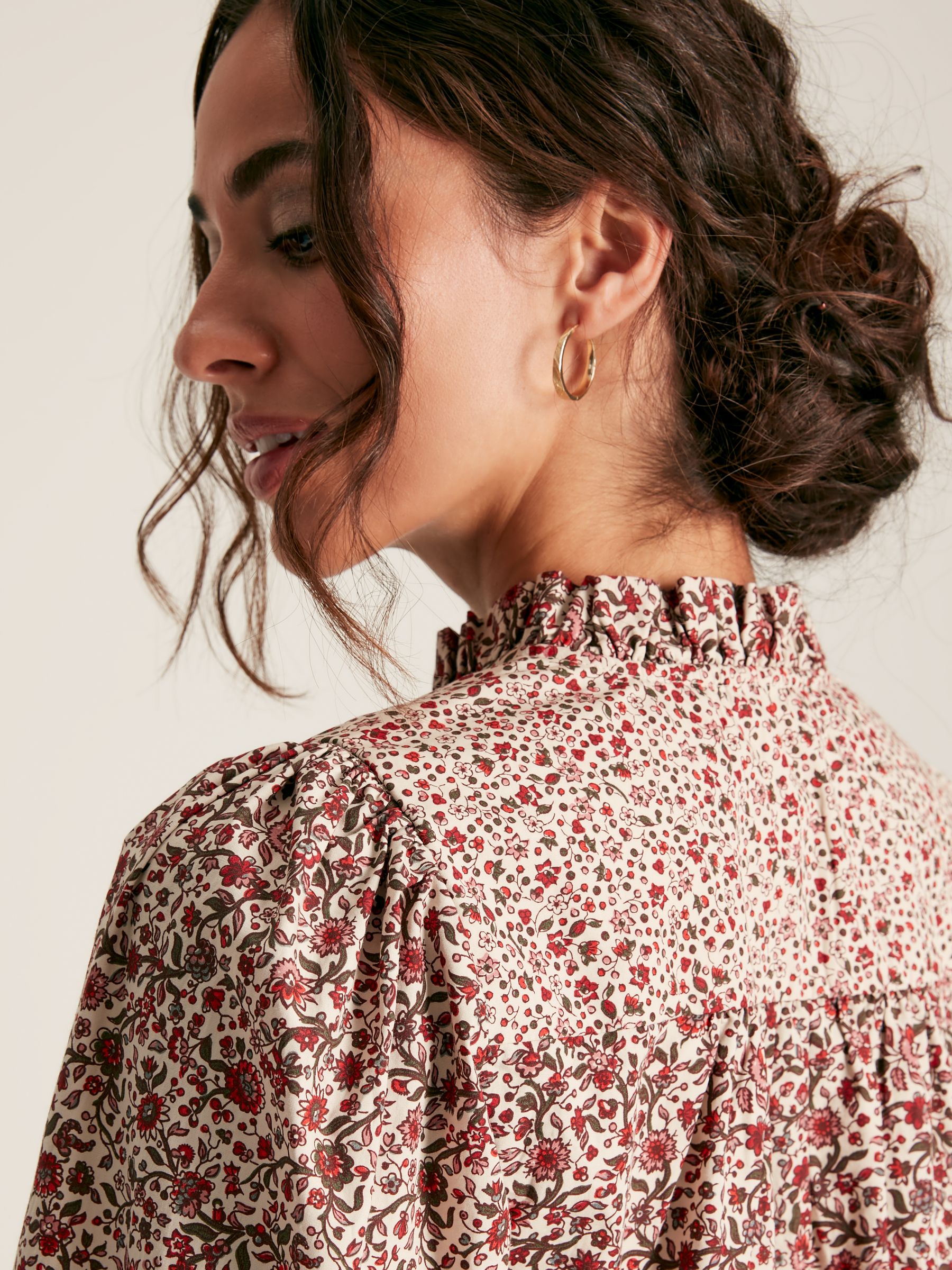 Rhea Cream/Red Floral Long Sleeve Blouse with Frill Neck - Image 6 of 8