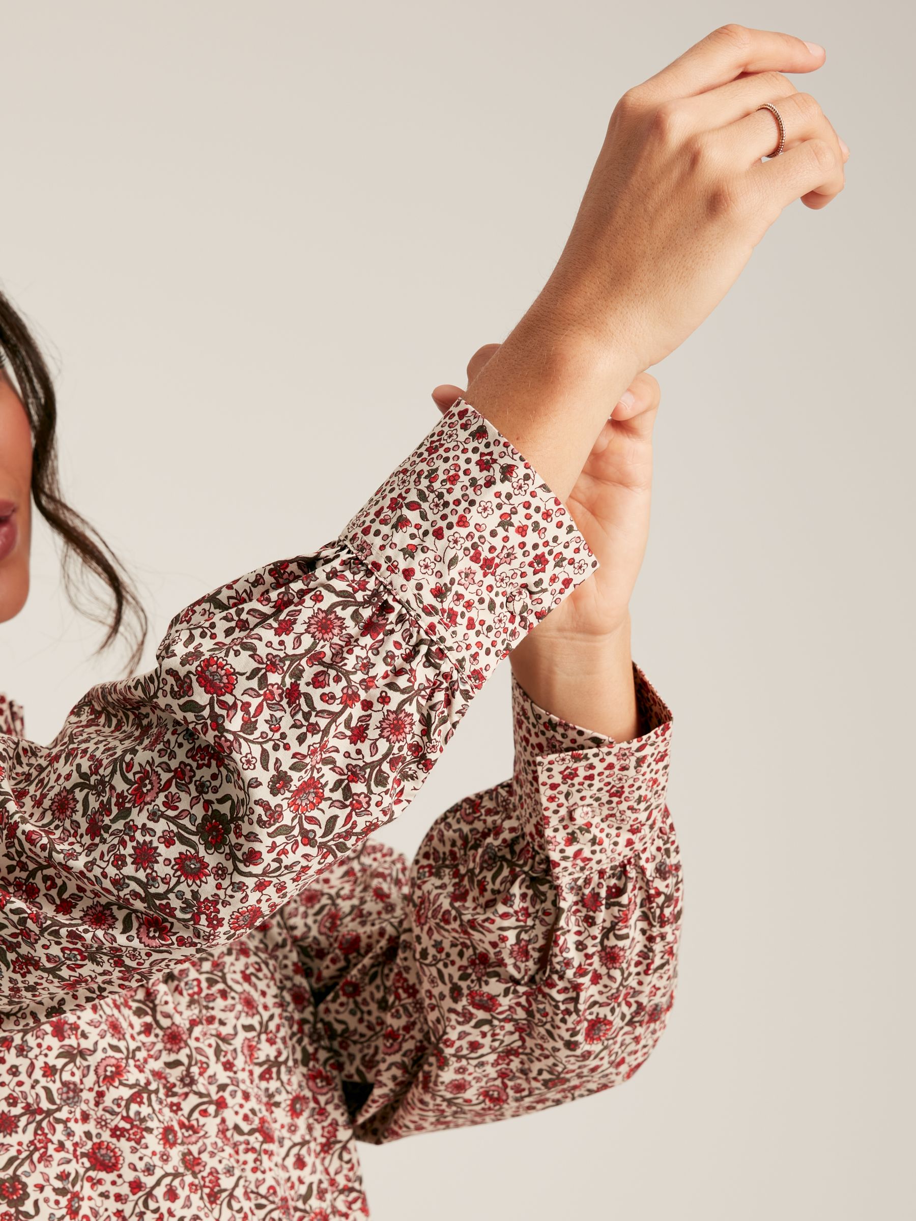 Rhea Cream/Red Floral Long Sleeve Blouse with Frill Neck - Image 7 of 8