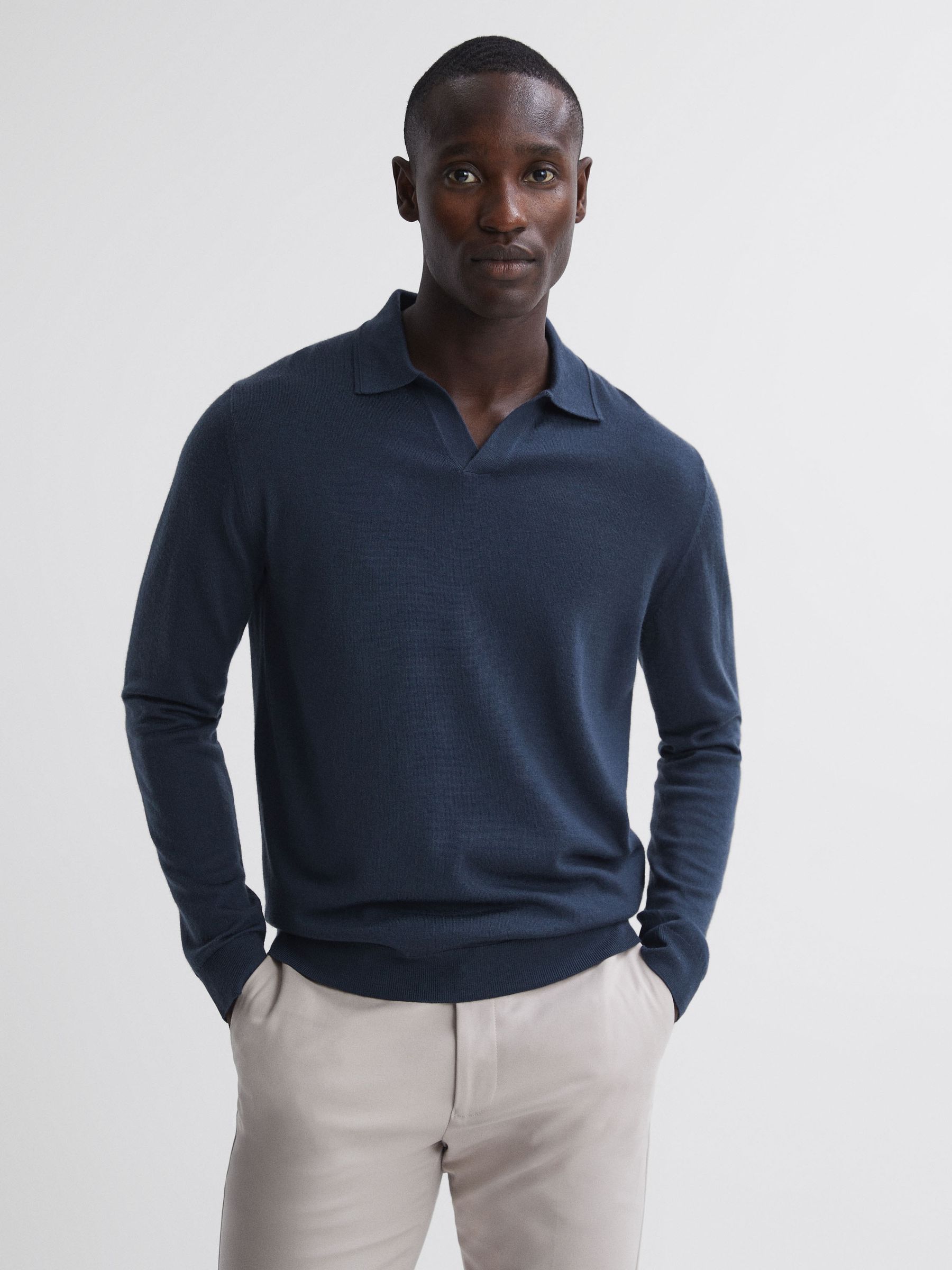 Merino Wool Open Collar Polo Shirt in Eclipse Blue - Image 1 of 5