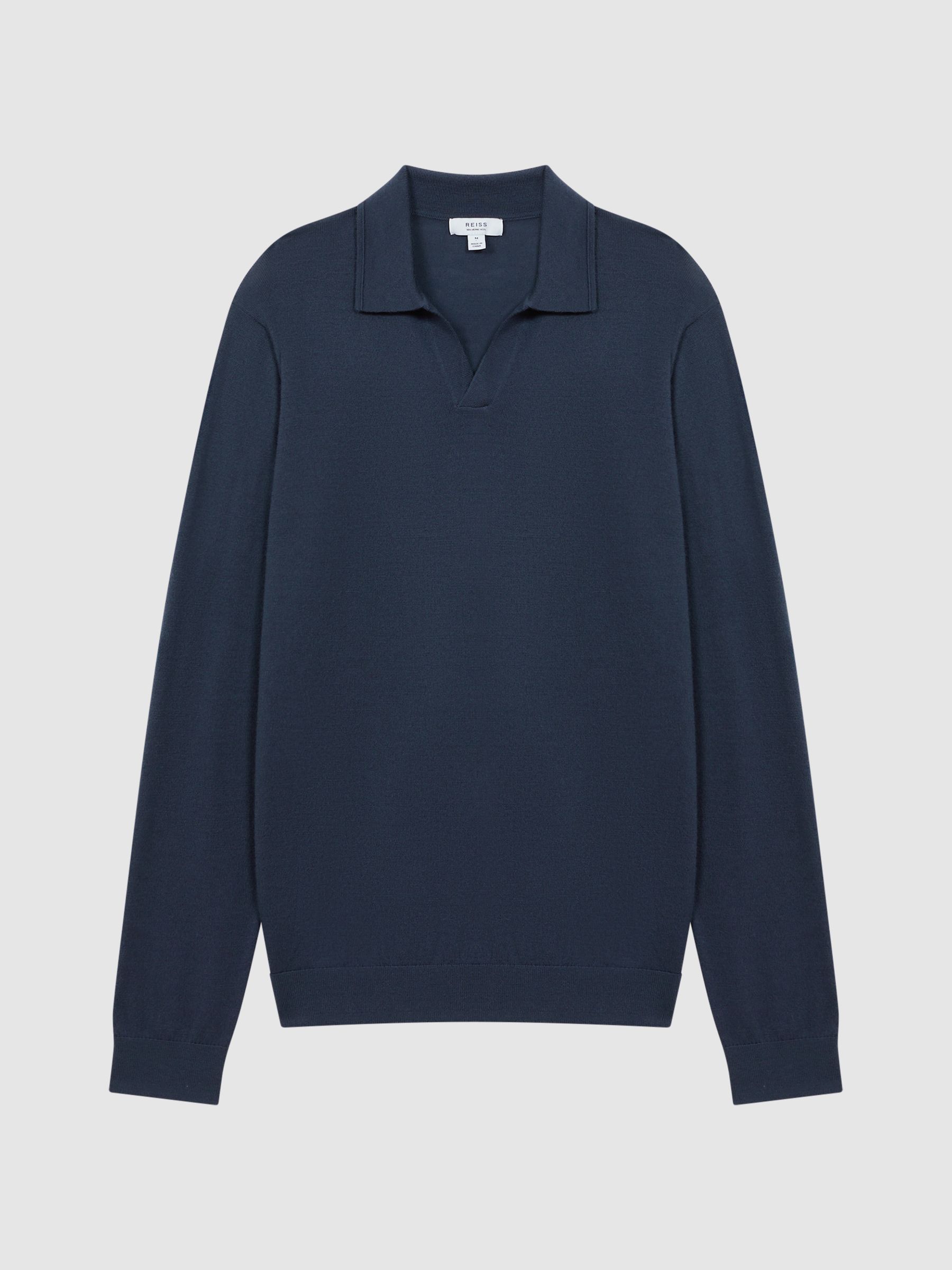 Merino Wool Open Collar Polo Shirt in Eclipse Blue - Image 2 of 5 Merino Wool Open Collar Polo Shirt in Eclipse Blue - Image 2 of 5