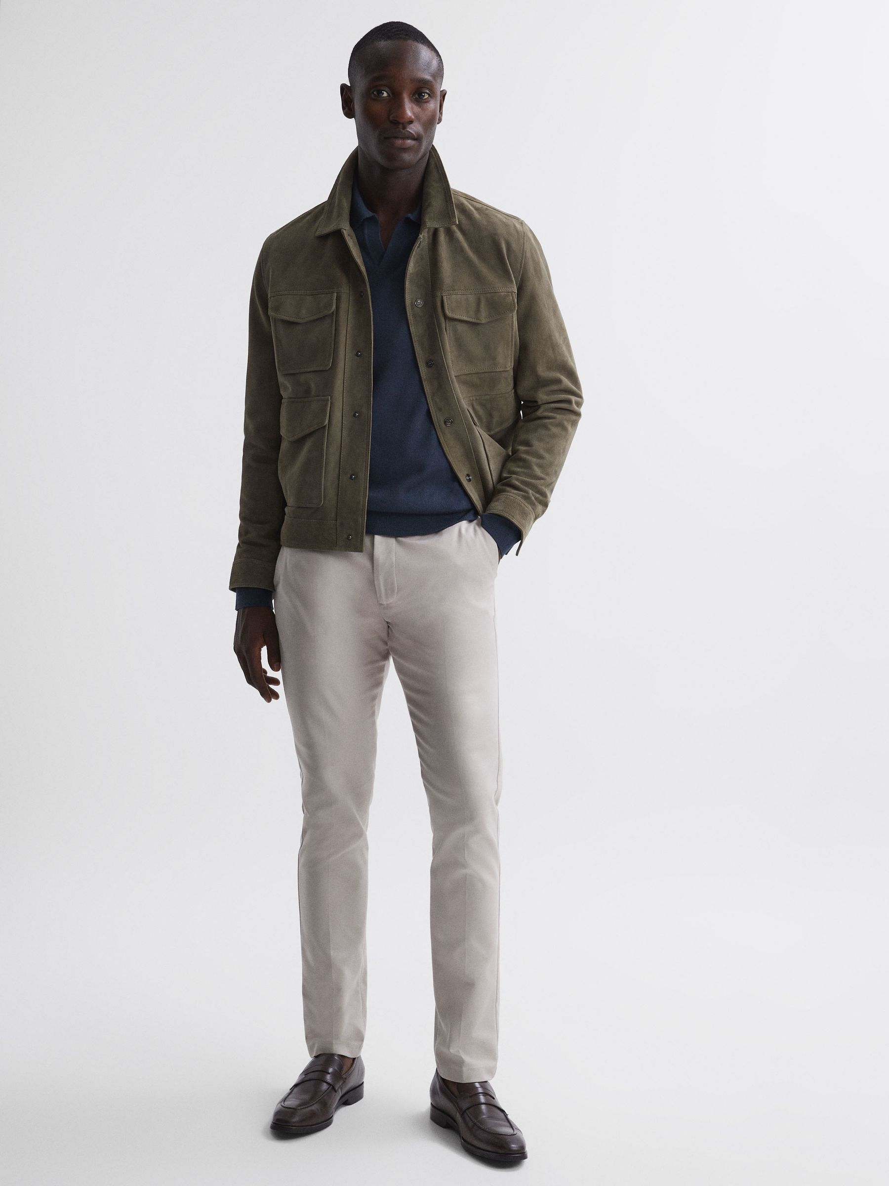 Merino Wool Open Collar Polo Shirt in Eclipse Blue - Image 3 of 5