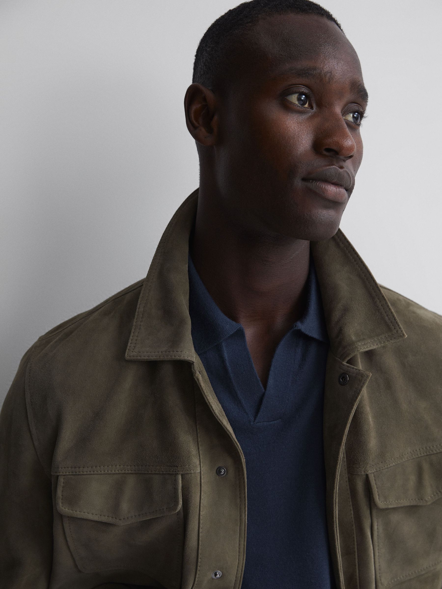 Merino Wool Open Collar Polo Shirt in Eclipse Blue - Image 4 of 5